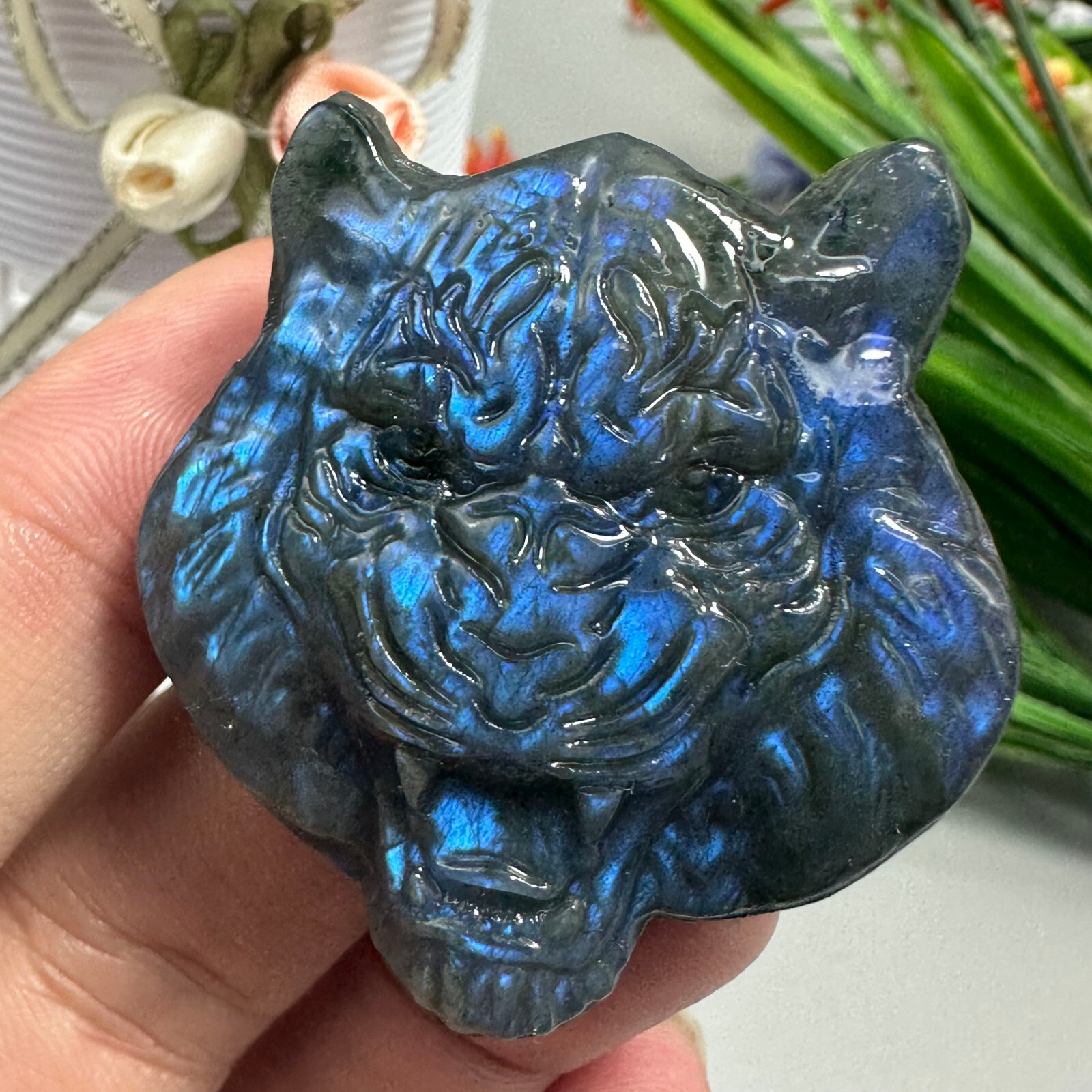 Natural Labradorite Carved Tiger Skull Quartz Skull Crystal Specimen Reiki Heal