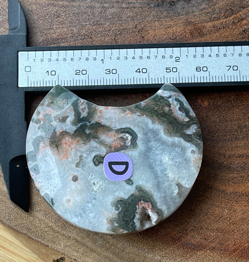 Natural Moss Agate Moon Crystal Carving W/Green Pink Moss & White Quartz