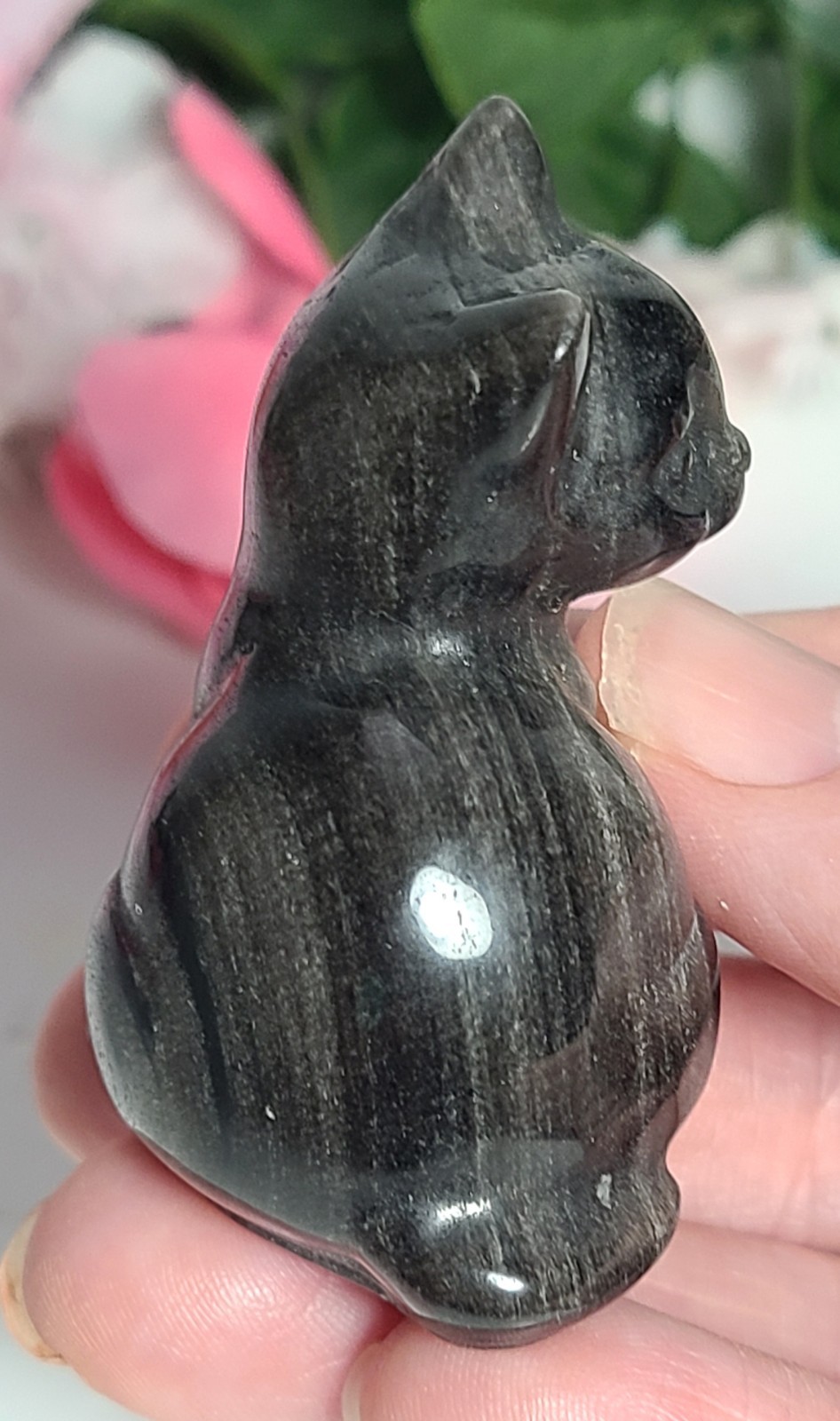 2″ 53g Adorable Silver Sheen Obsidian Sitting Cat Crystal Stone Carving Statue