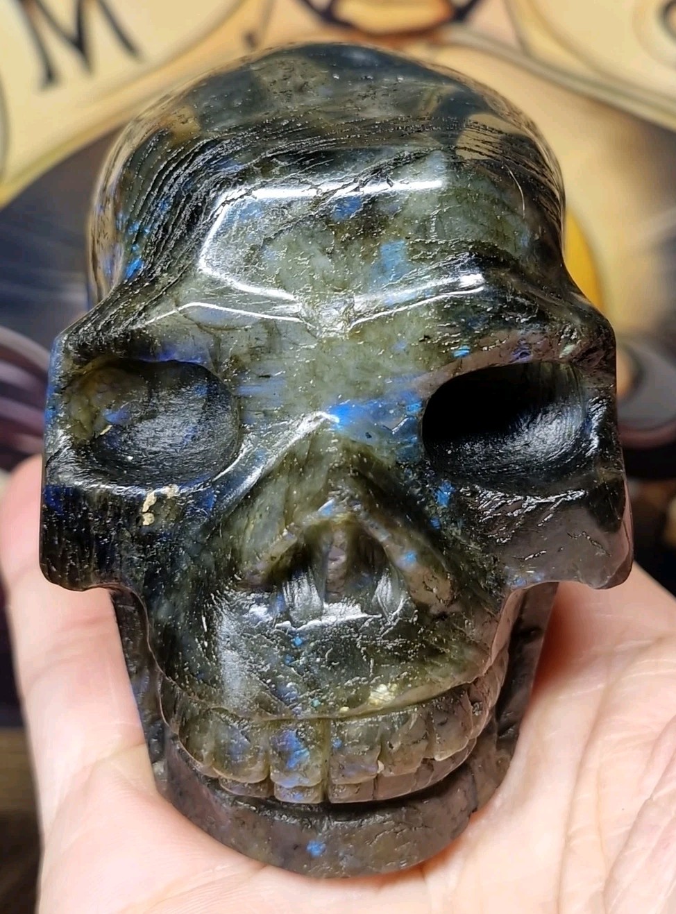 Dark Green Labradorite Crystal Human Skull Carving 84x62mm 436g