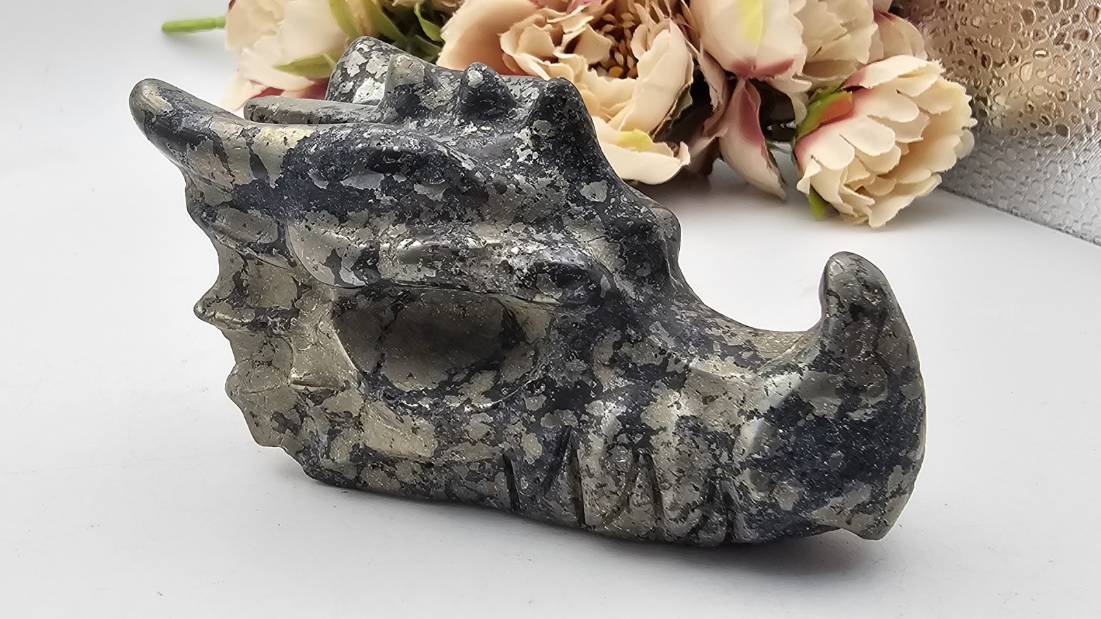 large Pyrite crystal Dragon head Carving 6.7 X 4cm 283g Abundance Wealth