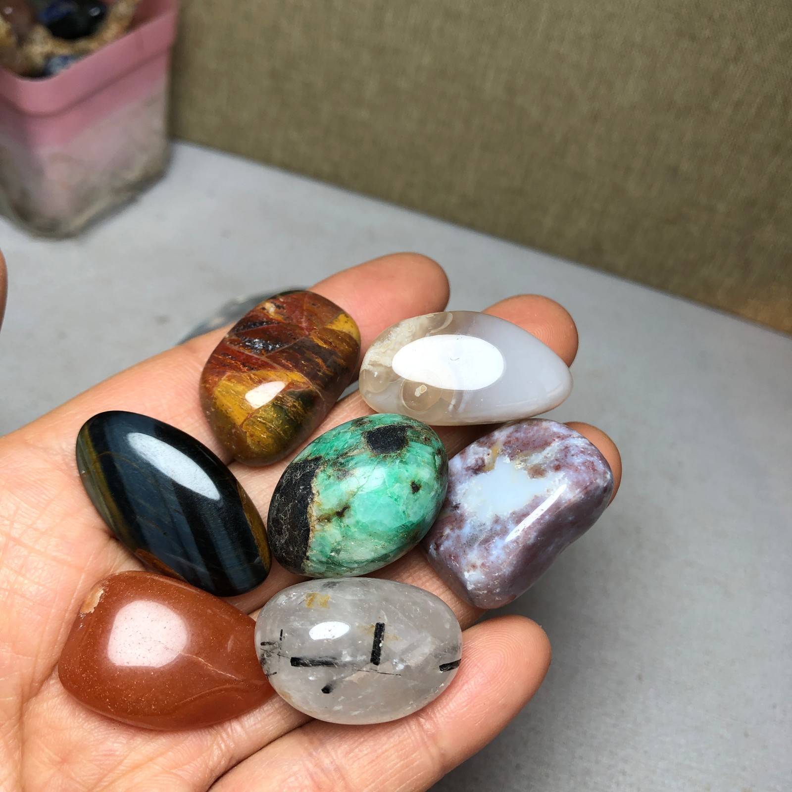 Natural various semi-precious stone Crystal Seven Star Array tumbled 302g A2816