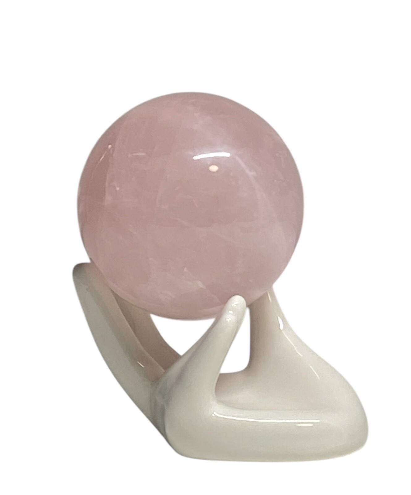 Stunning Rose Quartz Gemstone Crystal Sphere On Ceramic Hand Ornament Sculpture