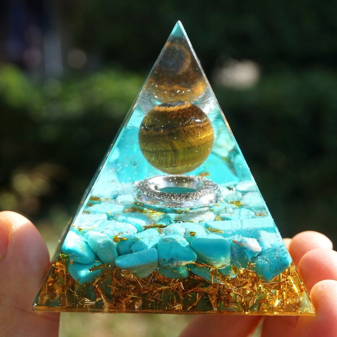 Fantasy magic Tiger’s Eye Sphere Turquoise Orgone Crystal Pyramid Orgonite