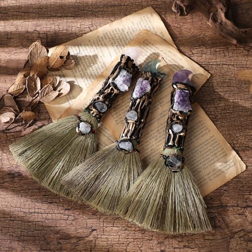 Witchcraft Supplies Witches Broom – Wiccan Decor with Moon Design Fluorite