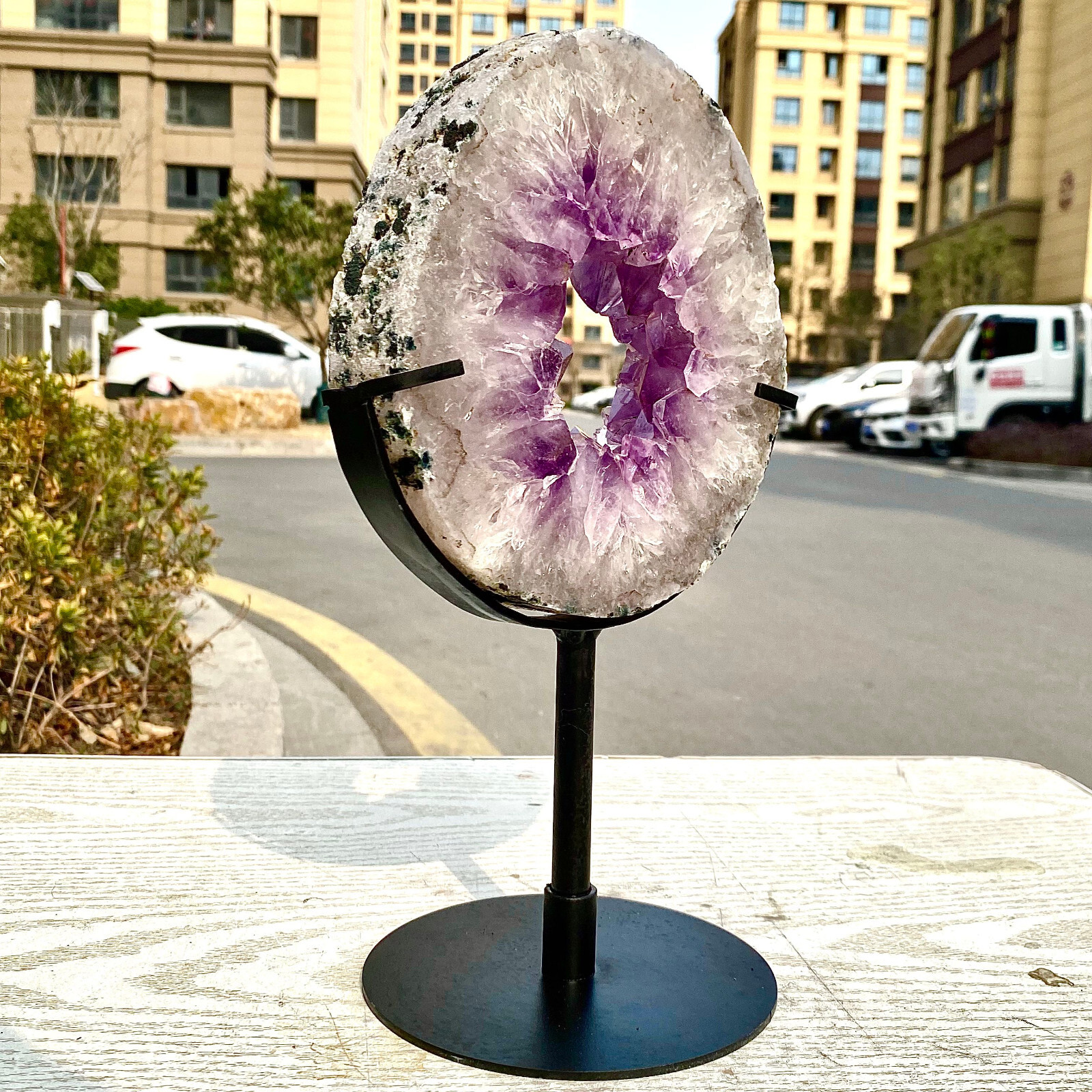 4.29LB Natural Amethyst Cave Crystal Slice Crescent shaped Hand Cut Repai