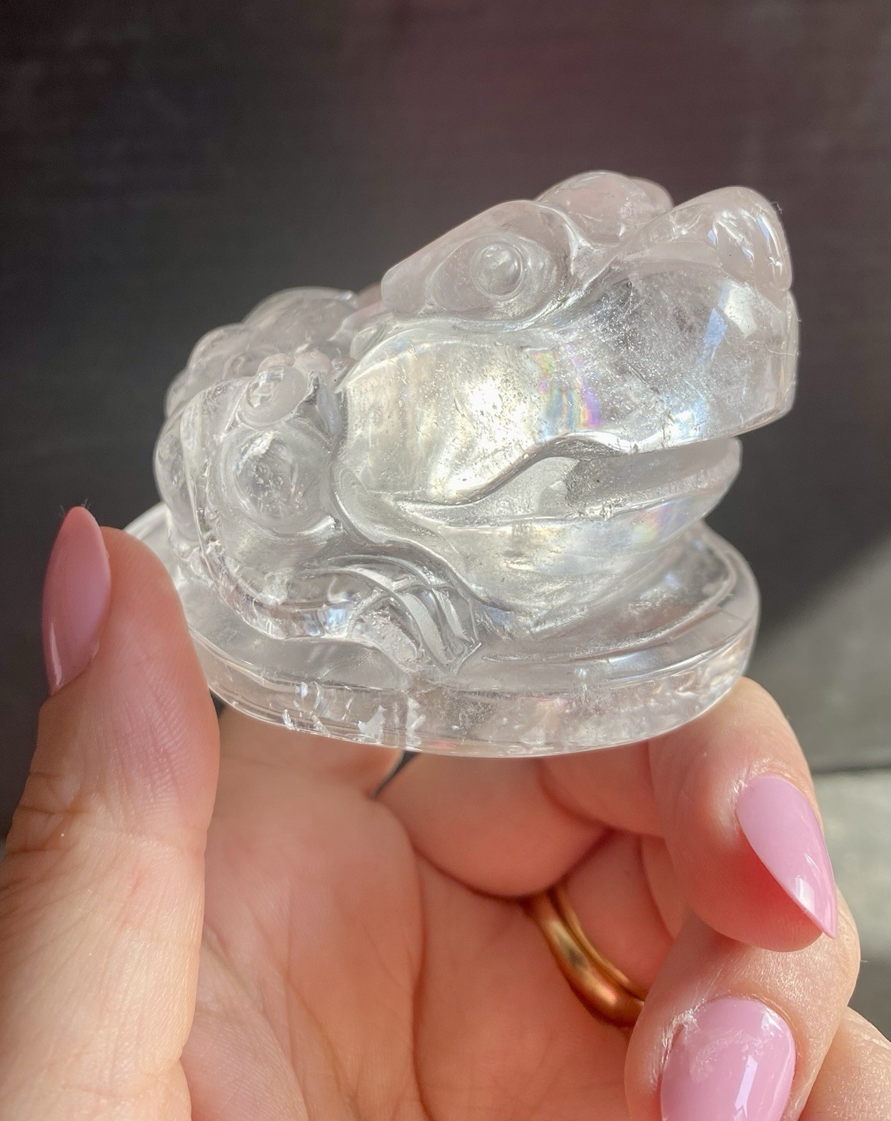 Crystal Clear Quartz 3 Leg Money Toad Frog Coin Feng Shui Prosper 274g