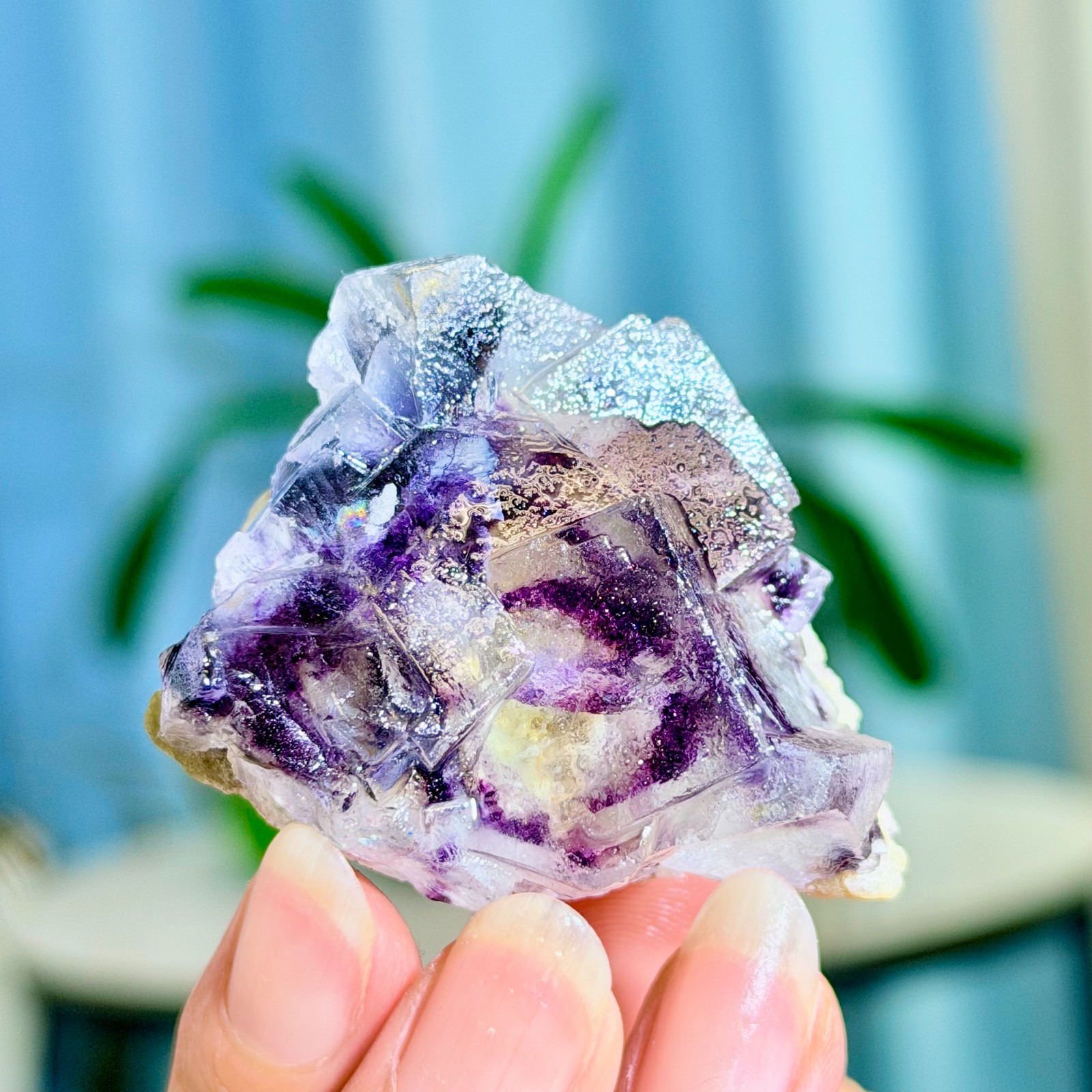 68G Rare Transparent Purple Cubic Fluorite with Calcite Crystal Mineral Sample