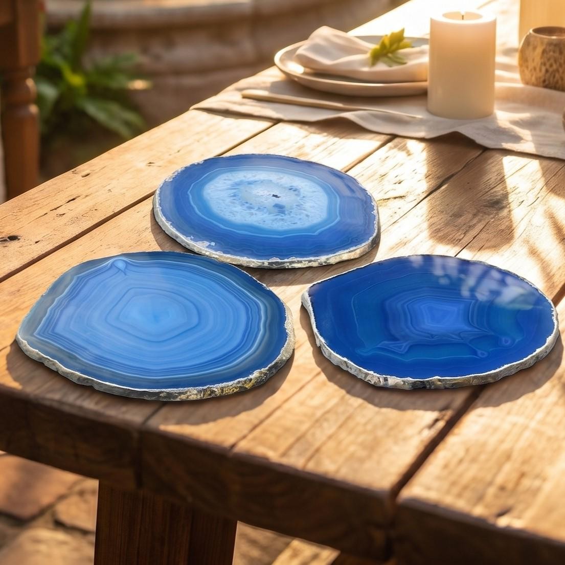 Blue Agate Slice Coasters Silver Dipped Plated Edges Place Cards Brazil Mineral