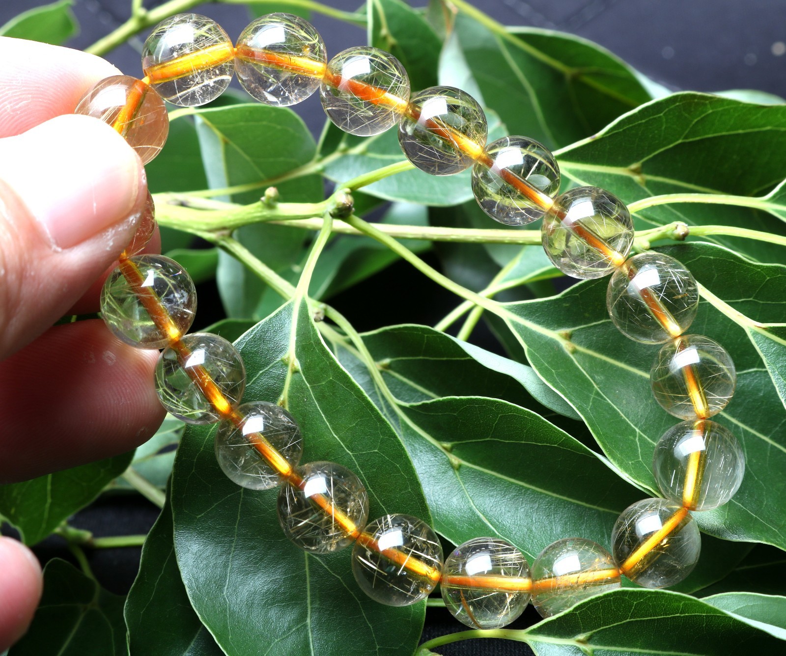 29.8g Rare Natural Clear Gold Rutilated Quartz Crystal 10mm Round Bead Hand cate