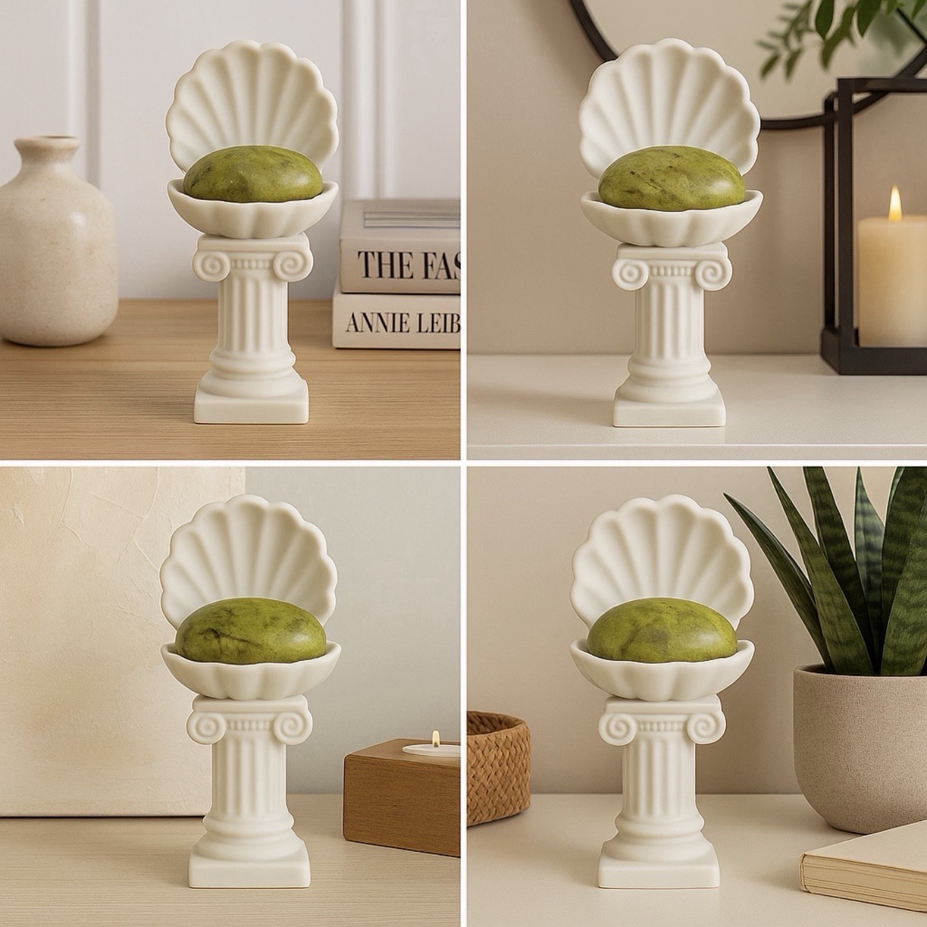 Venus Shell Pedestal Palm Stone Holder with Included Green Opal Crystal