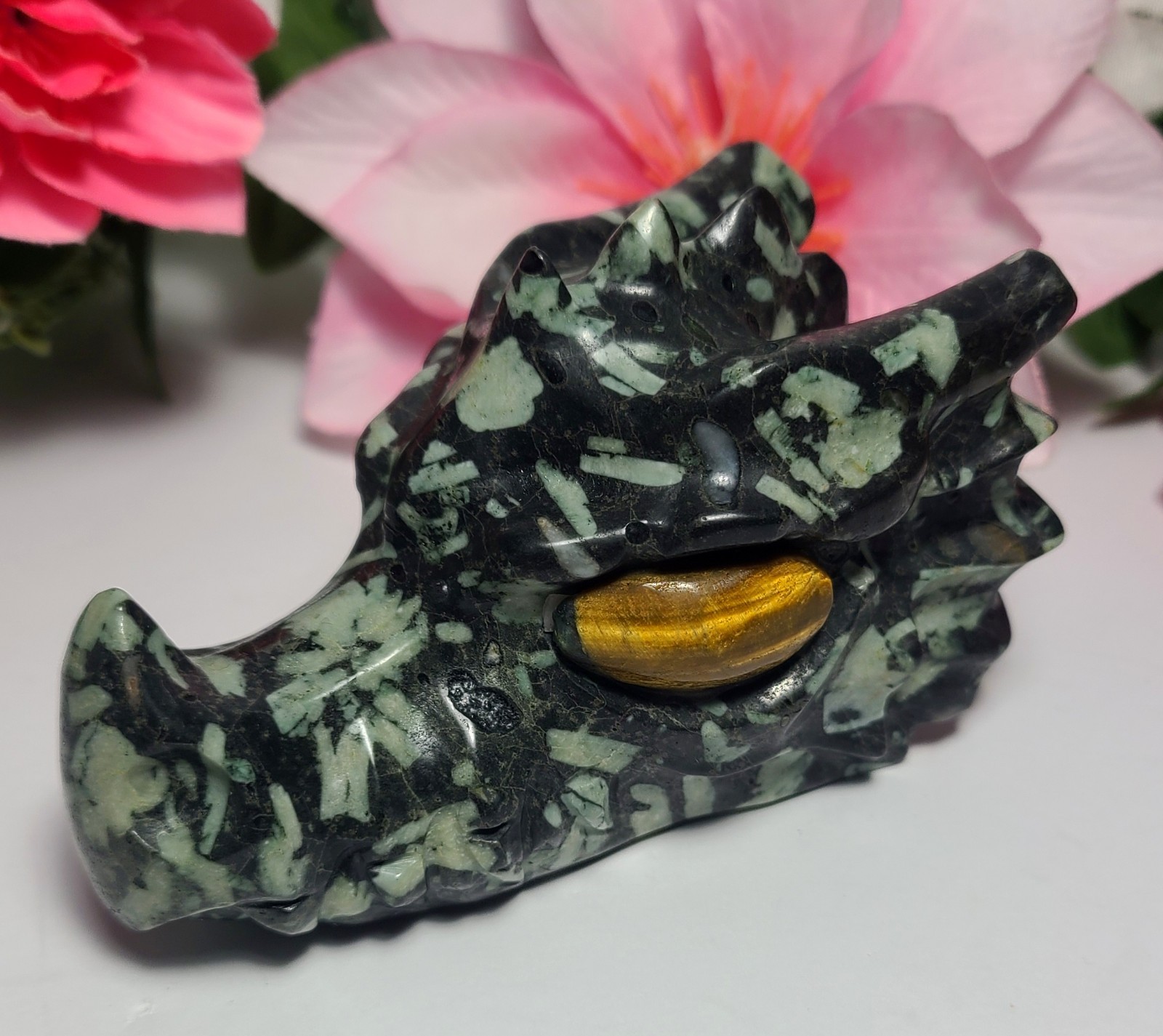 4″ 326g Chinese Writing Stone Dragon Head Skull Tiger Eye Crystal Stone Carving