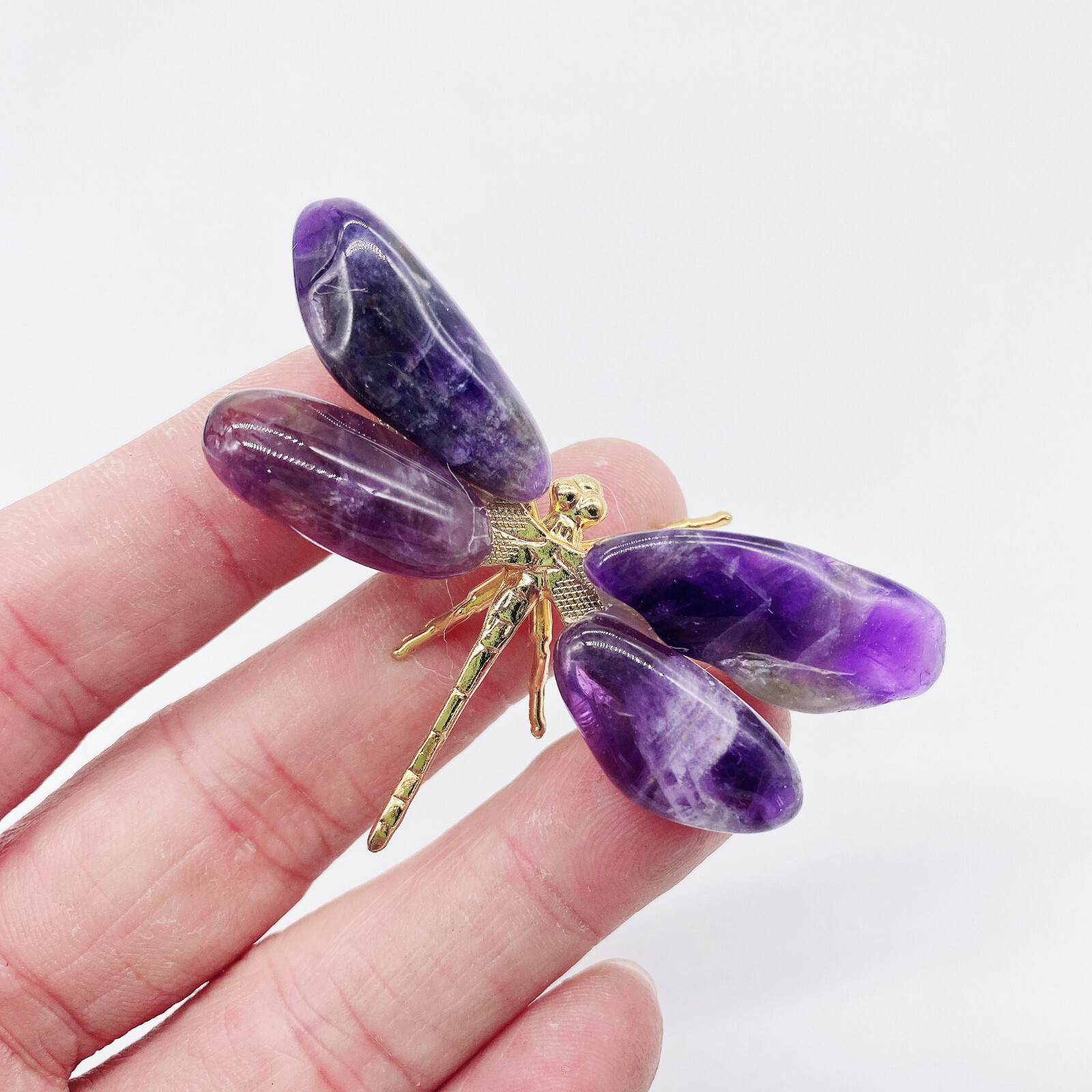 2PCS Natural Amethyst Reiki Gemstone Dragonfly Carving Crystal Quartz Healing