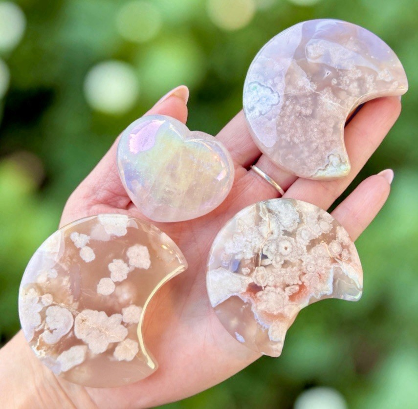 Pink Flower Agate Crescent Moon Set Aura Rose Quartz Heart Crystal Bundle 4pc