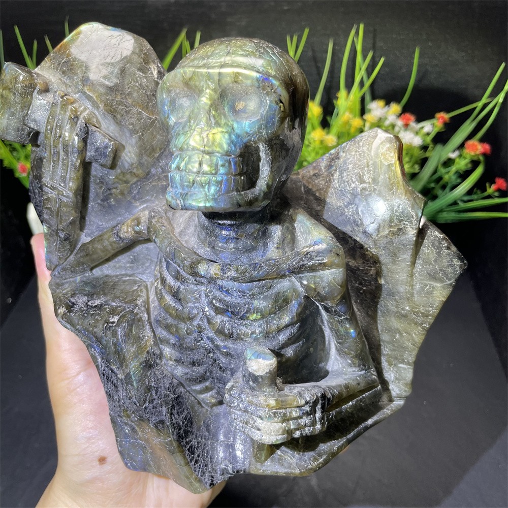 4.8LB 6.6″ Natural Labradoritee Skeleton Statue Crystal Reiki Carving Home Decor