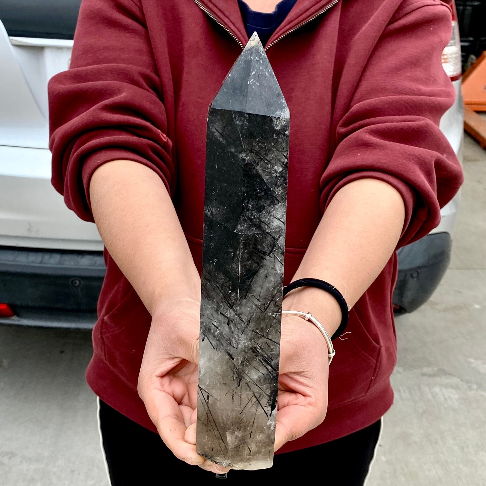 3.4LB Natural Black Hair Quartz Obelisk Crystal Energy Point Wand Reiki Decor