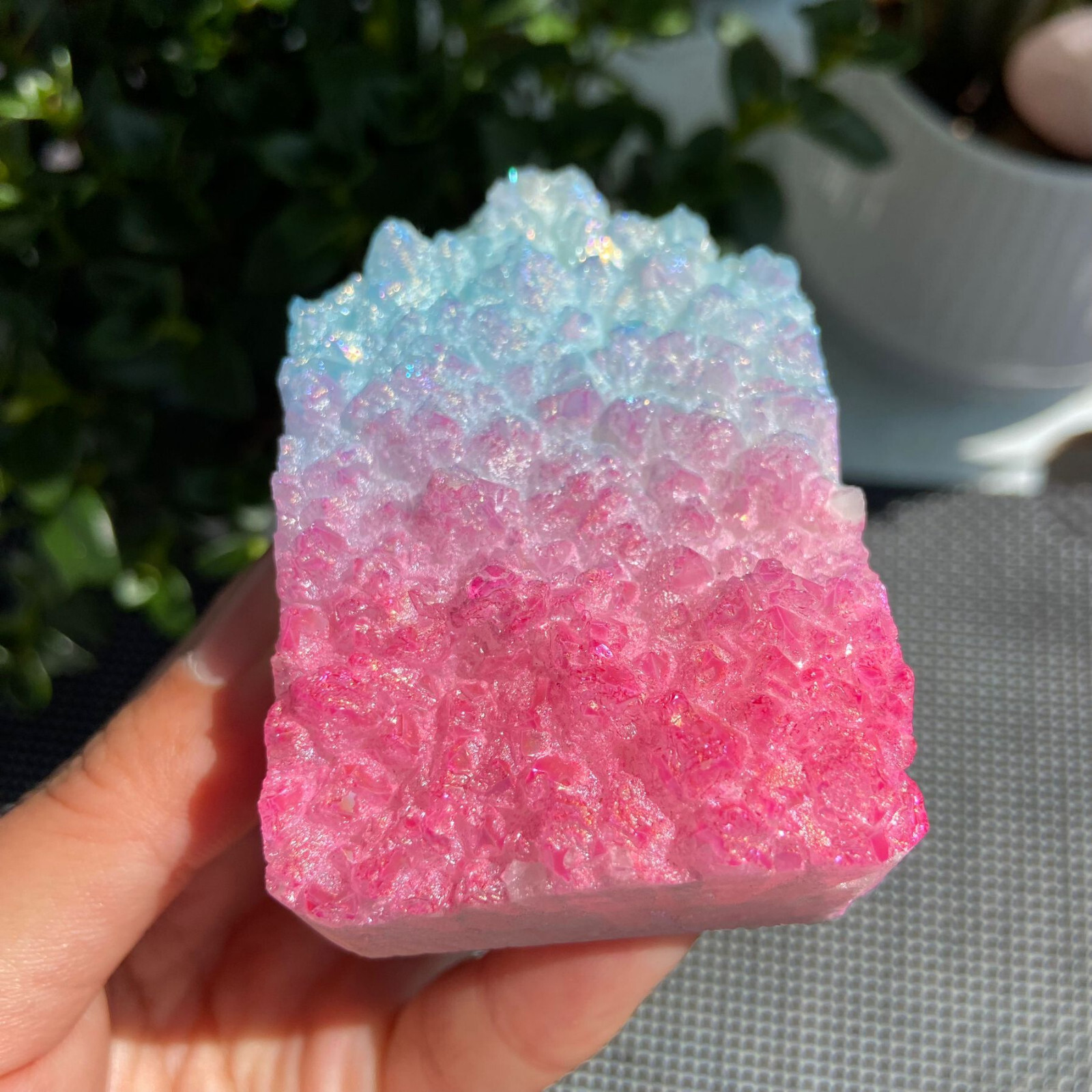 176g Titanium-Coated Pink Blue Aura Quartz Cluster Obelisk Tower Crystal Energy