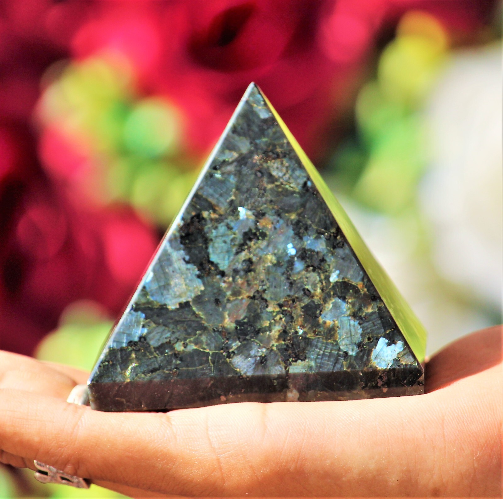 Large 70MM Black Larvikite Flash Crystal Healing Meditation Metaphysical Pyramid