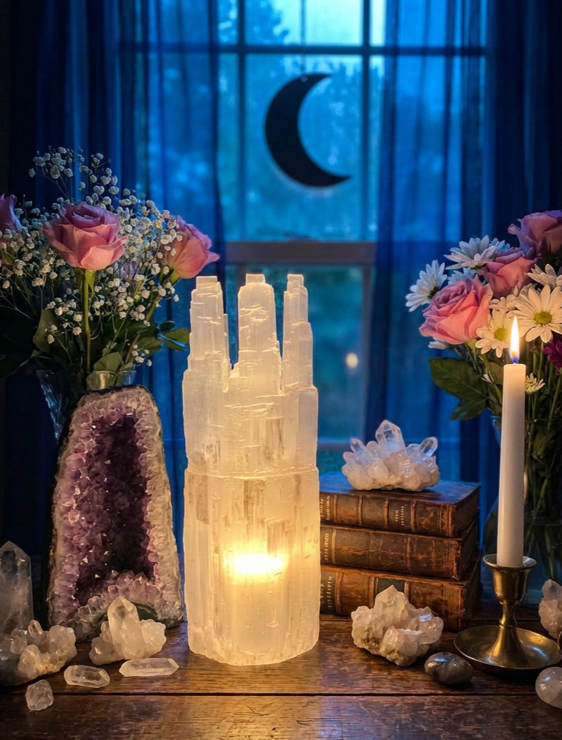 XX-LARGE SELENITE CRYSTAL TRIPLE TOWER LAMP – STANDING DISPLAY HEALING CRYSTAL