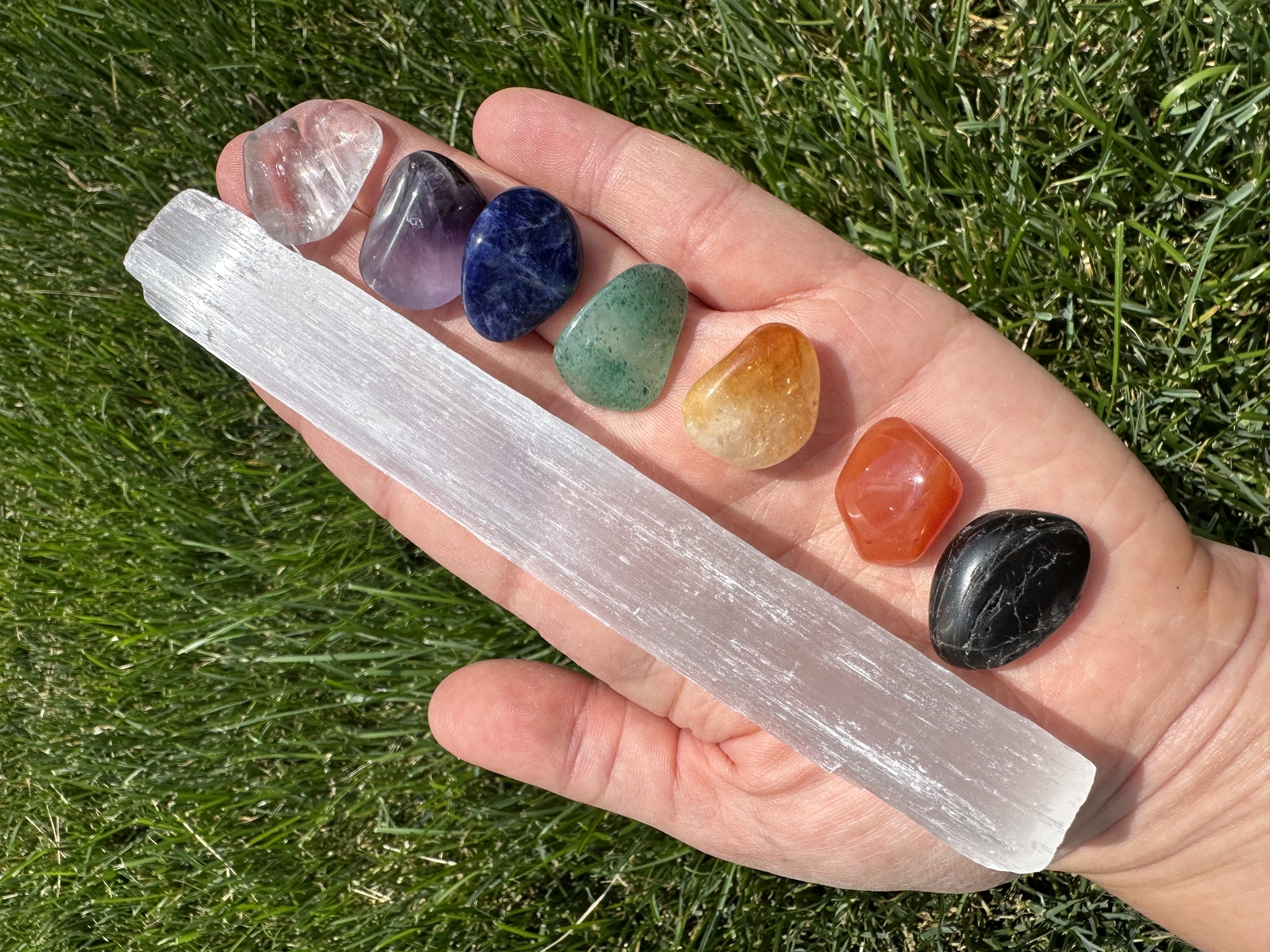 7 chakra Tumbled Stone Set with Raw Selenite Wand by New Moon Beginnings