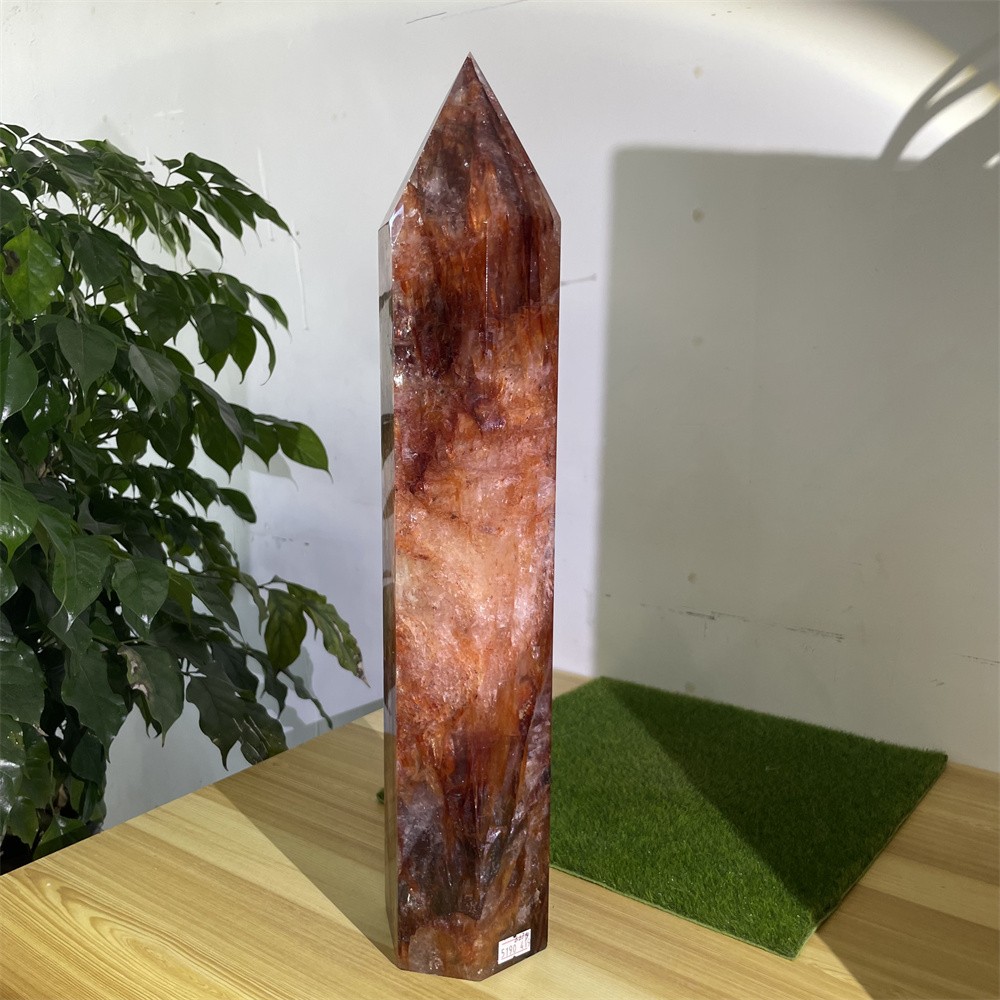 14.7LB 18.3″ Natural A++Red Fire Quartz Obelisk Tower Quartz Decoration Energy