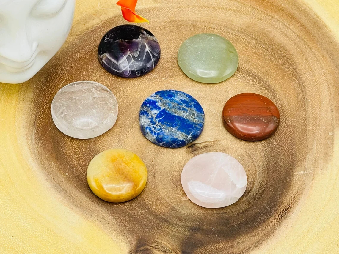 7 Chakra Round Palm Stone Set, Polished Smooth Pocket Stones with Velvet Pouch
