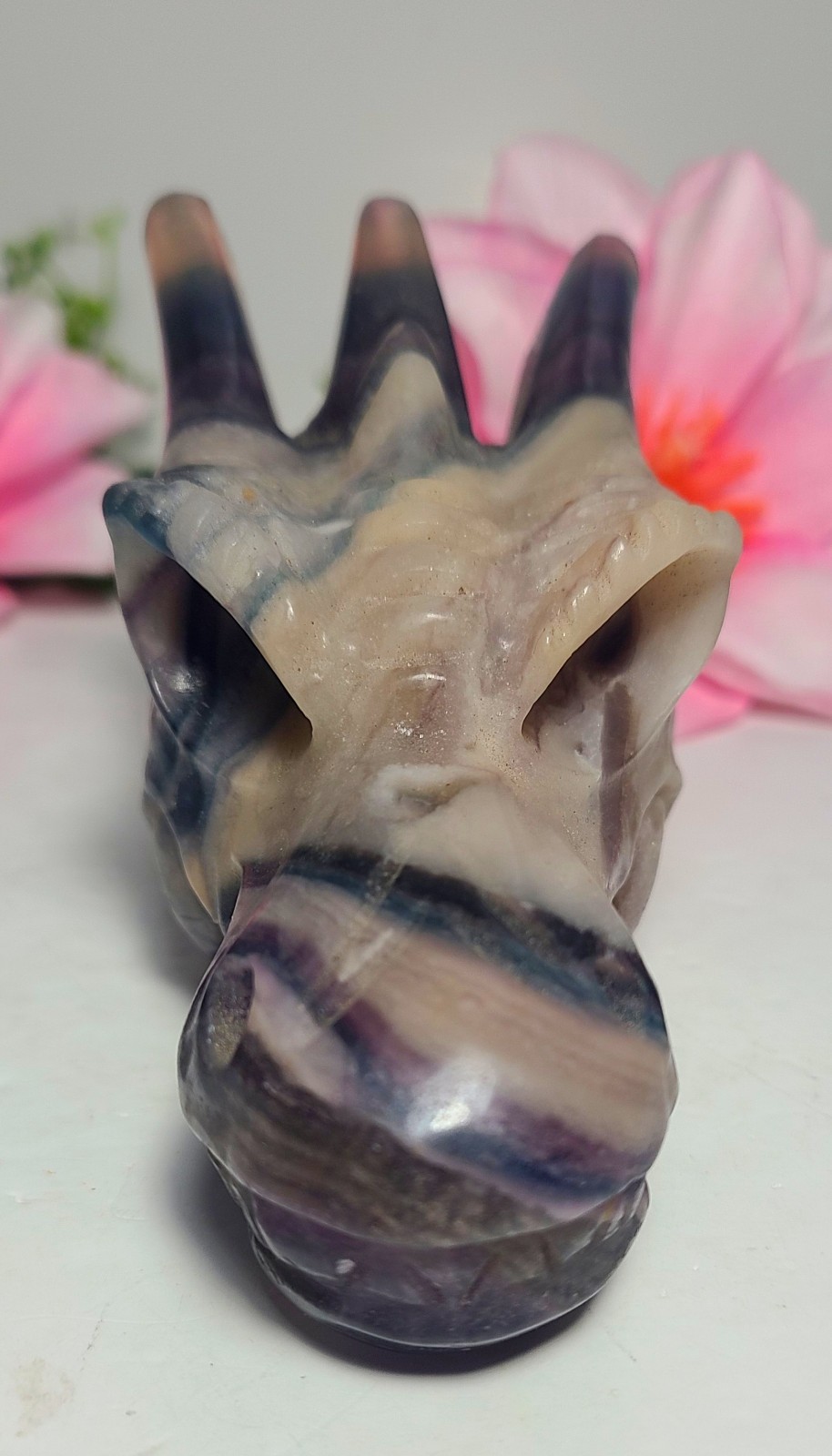 Large 5″ 303g Silky Fluorite Dragon Head Skull Crystal Stone Carving Statue