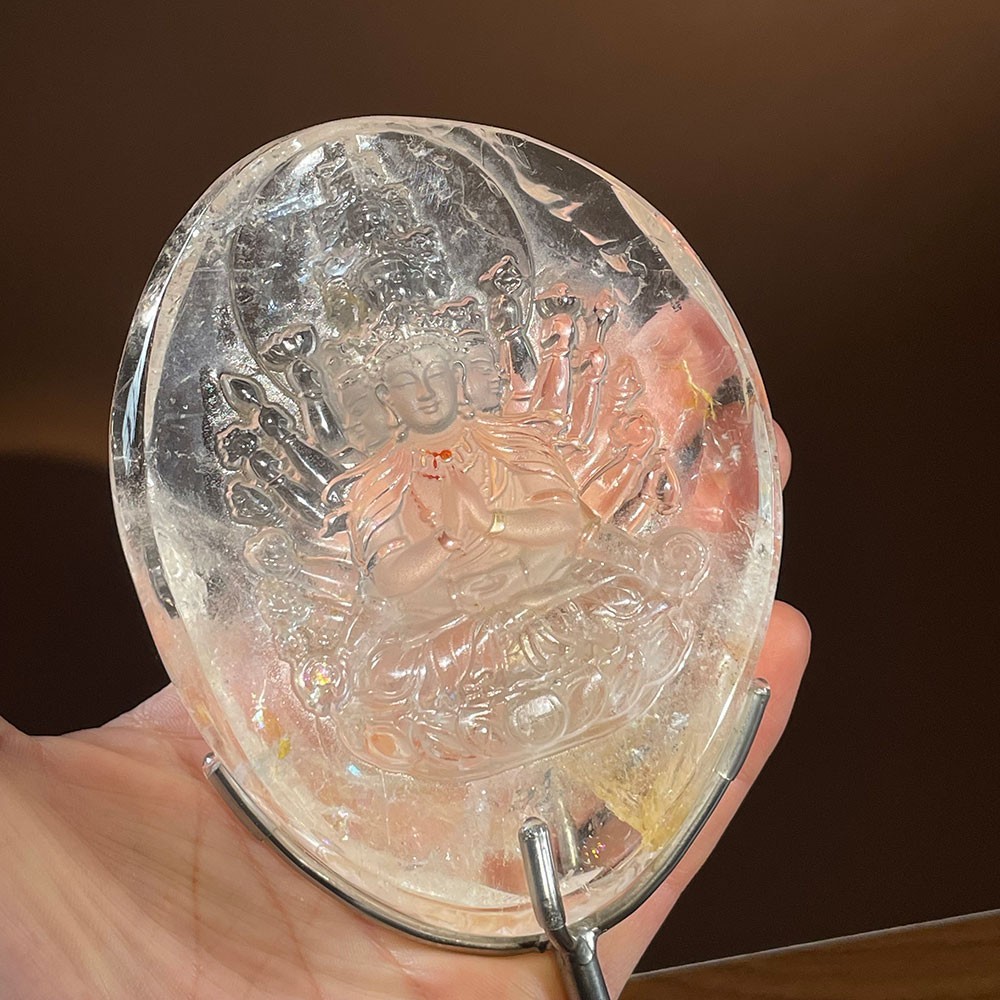 Clear Quartz Guan Yin Carving with Natural Red Fire Quartz & Rainbows Buddha
