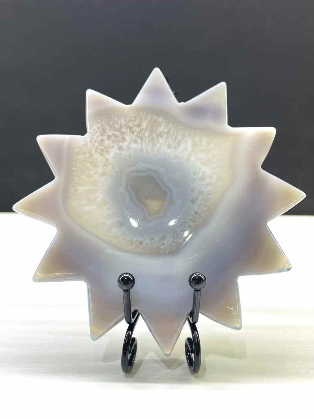1pc Natural Geode Agate Quartz Carved Sun Crystal Skull Reiki Decor Gift+Stand