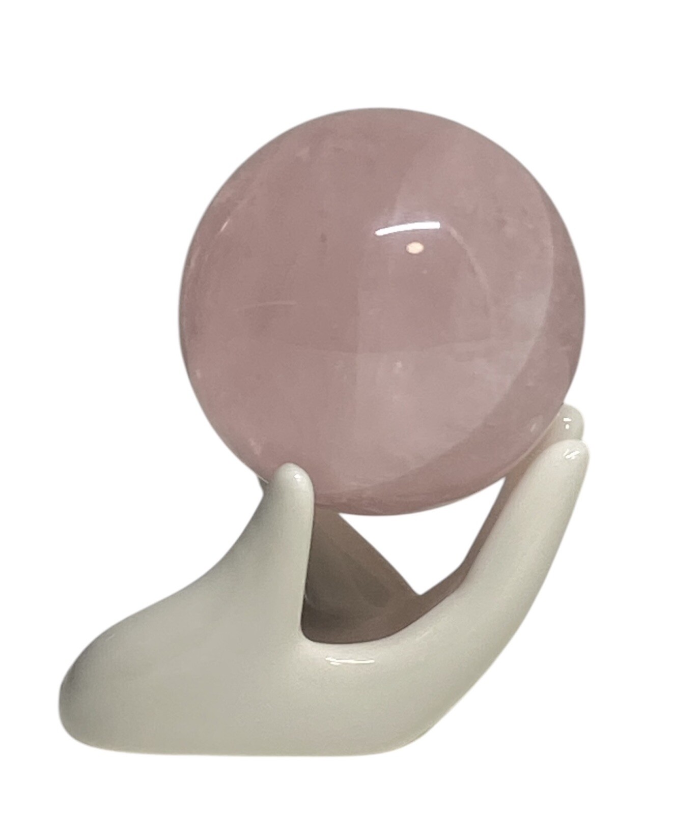 Stunning Rose Quartz Gemstone Crystal Sphere On Ceramic Hand Ornament Sculpture