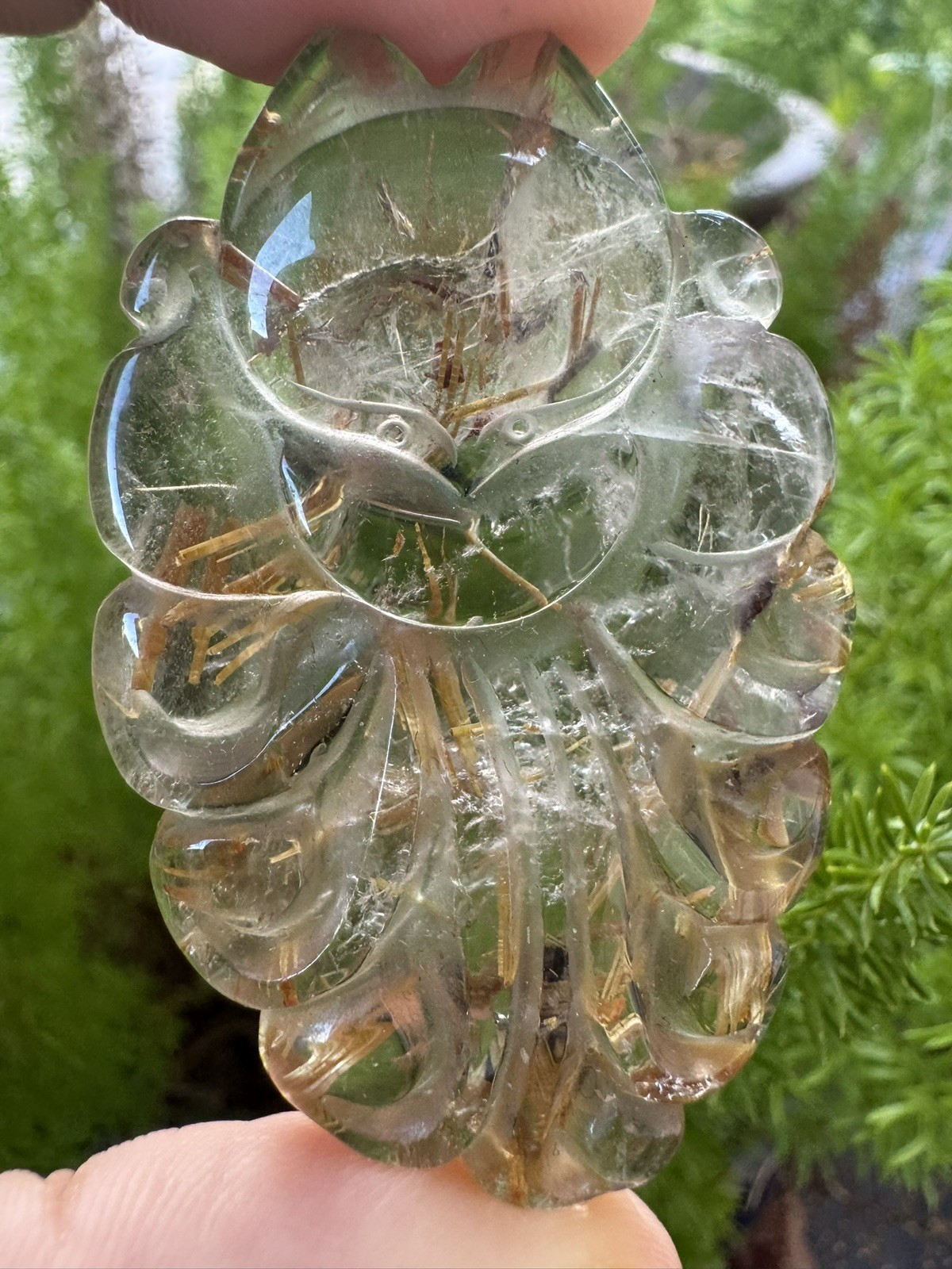 CLEAR GOLD/RED RUTILE Carved Nine-Tailed Fox Yellow Rabbit Fur Rutile Quartz 21g