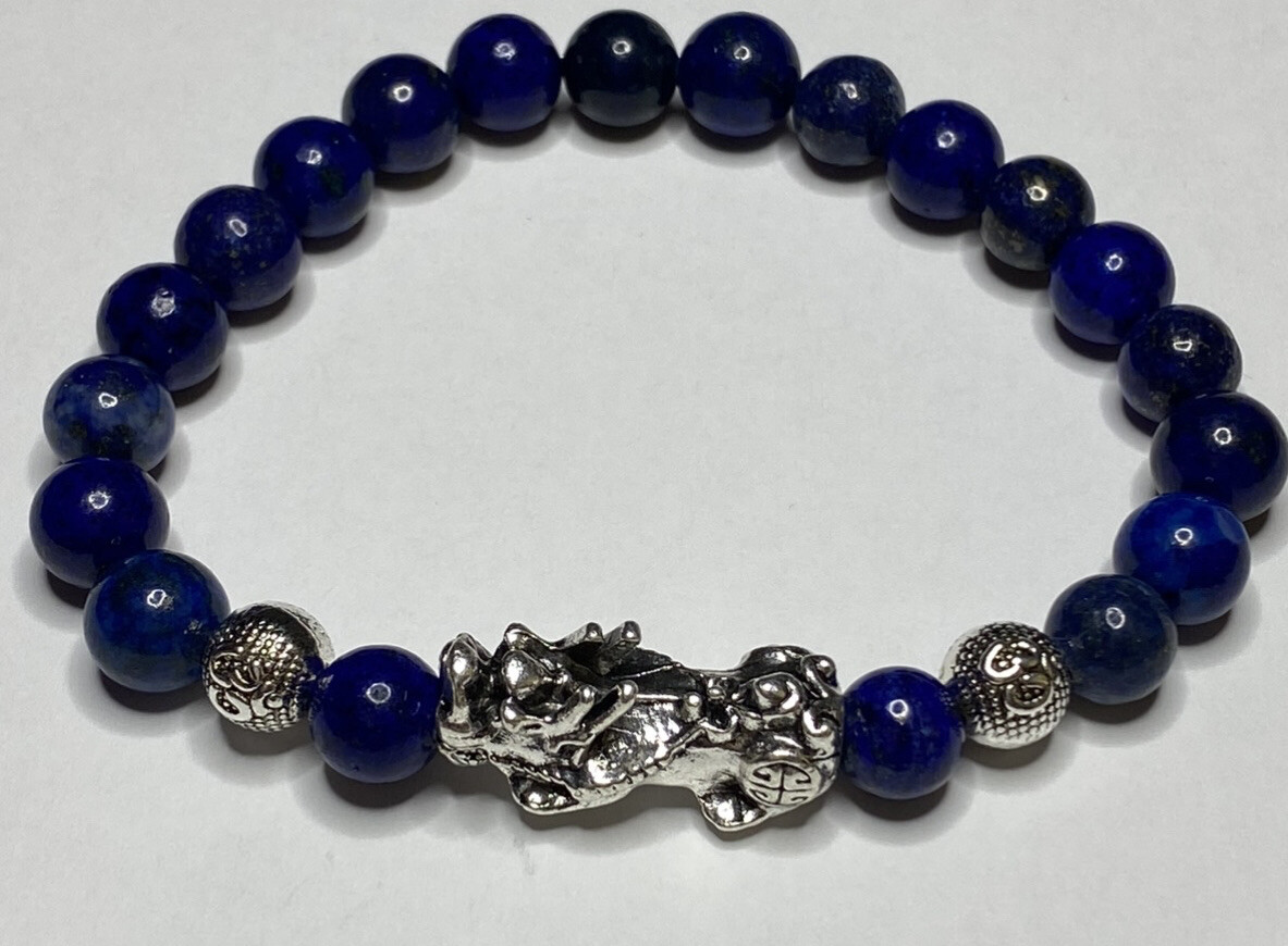 8” Natural Lapislázuli Unisex Bracelet. 8mm Silver Alloy Pi Xiu And OM Symbol