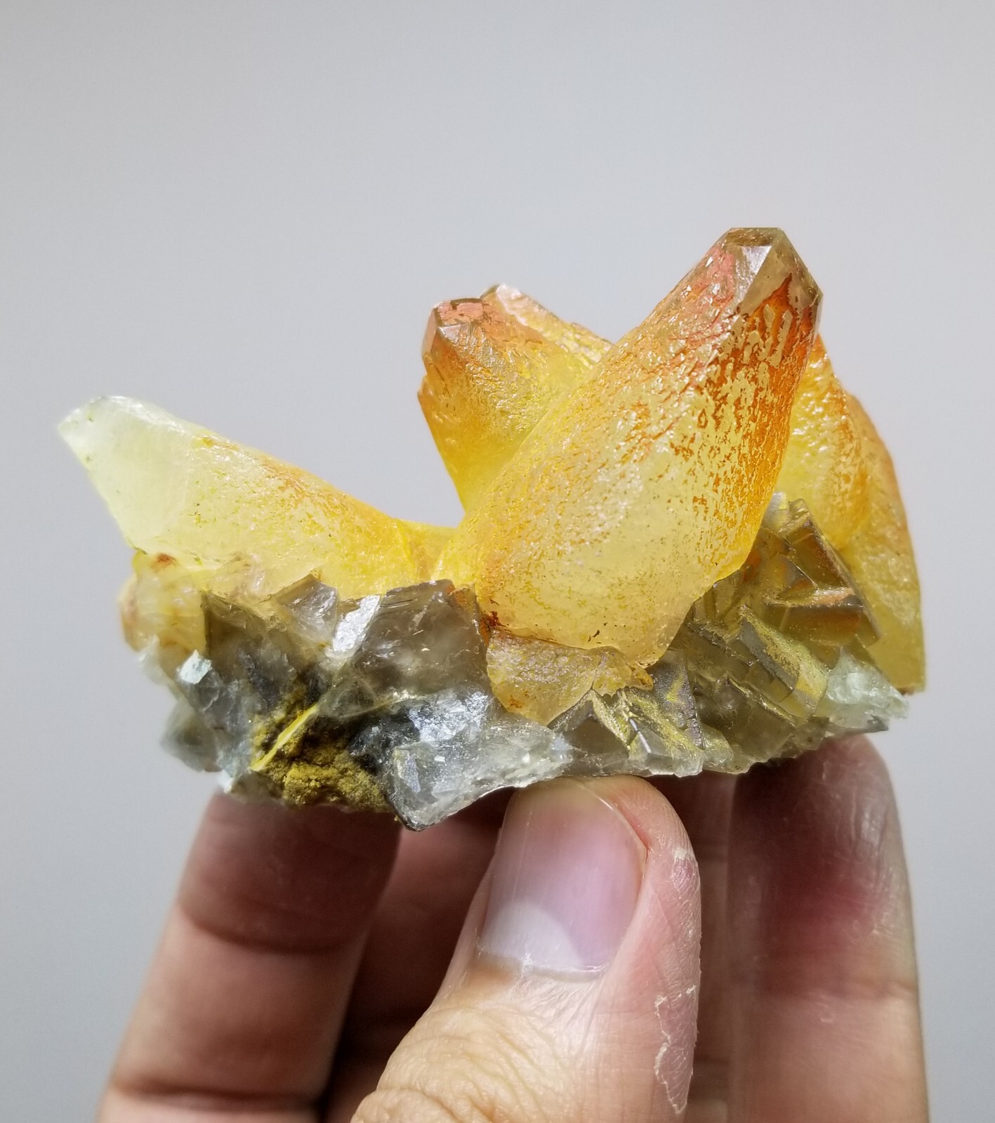 Dogtooth calcite cluster with Oxidized iron coating with fluorite on it 155 gram
