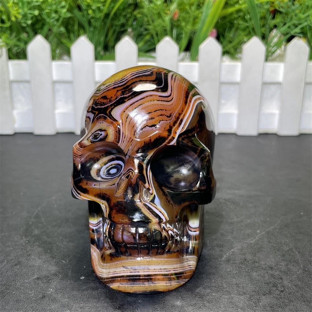 1.7LB 3.7″ A++Flower Sardonyx Agate Skull Crystal Quartz Mineral Decor Carved