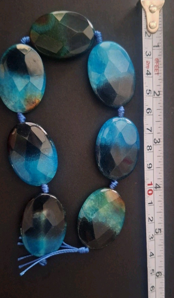 Natural Agate Teal Black Strand 10 Inches Faceted Flat Stones A-5