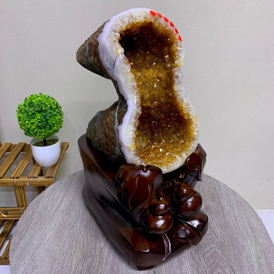 34.7LB Natural Citrine Crystal Cave Decor Stone Cathedral Geode Specimen Stand