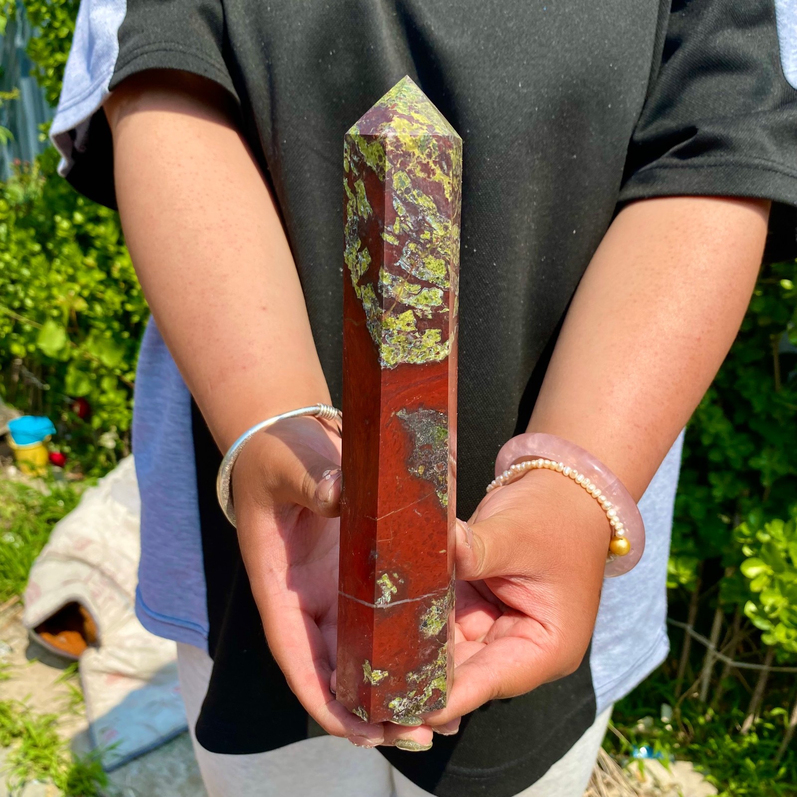 1.39LB Natural dragon’s blood stone obelisk quartz crystal column restoration