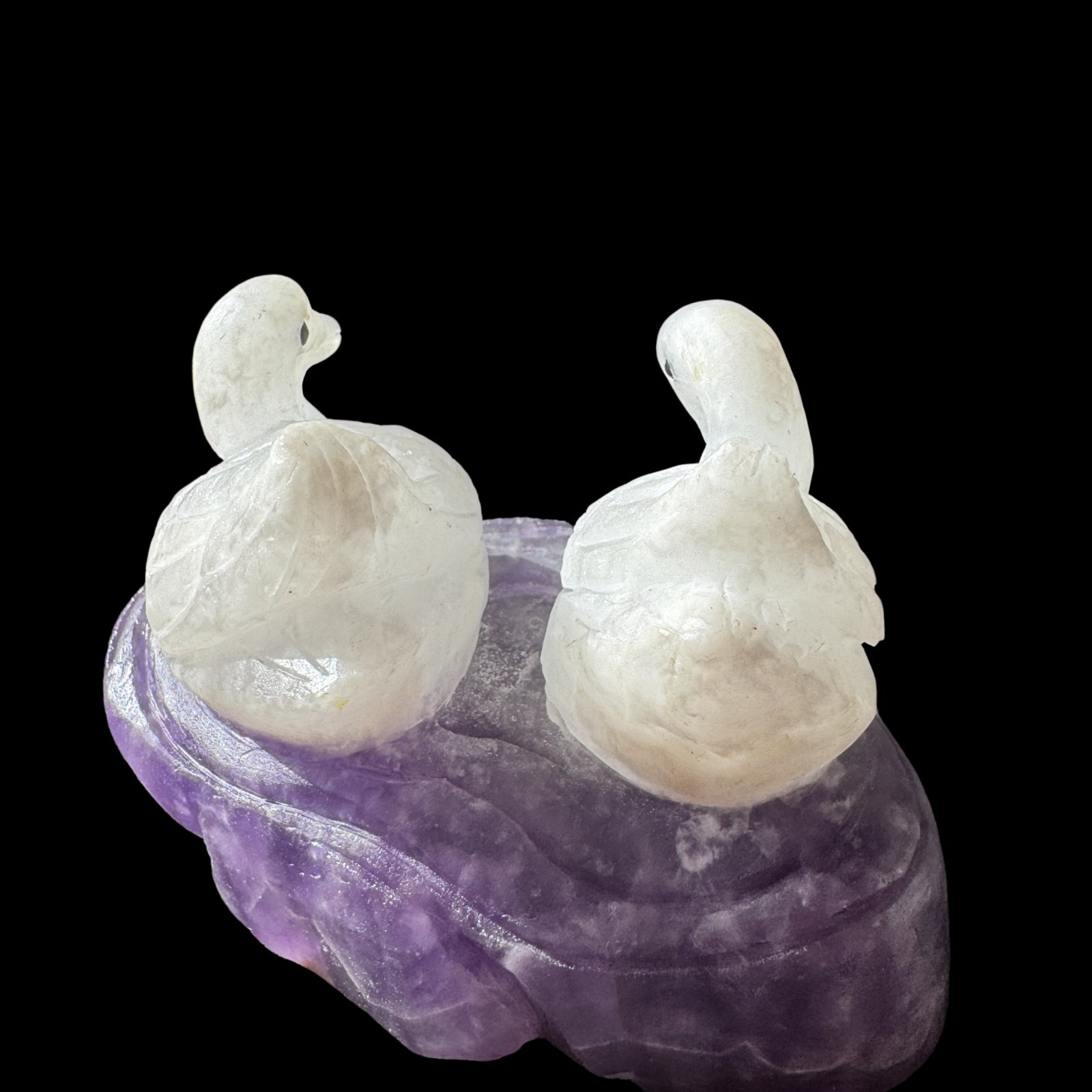 441gTwin Swan Amethyst Sculpture: Soulmate Talisman Carved from Peaceful Stone