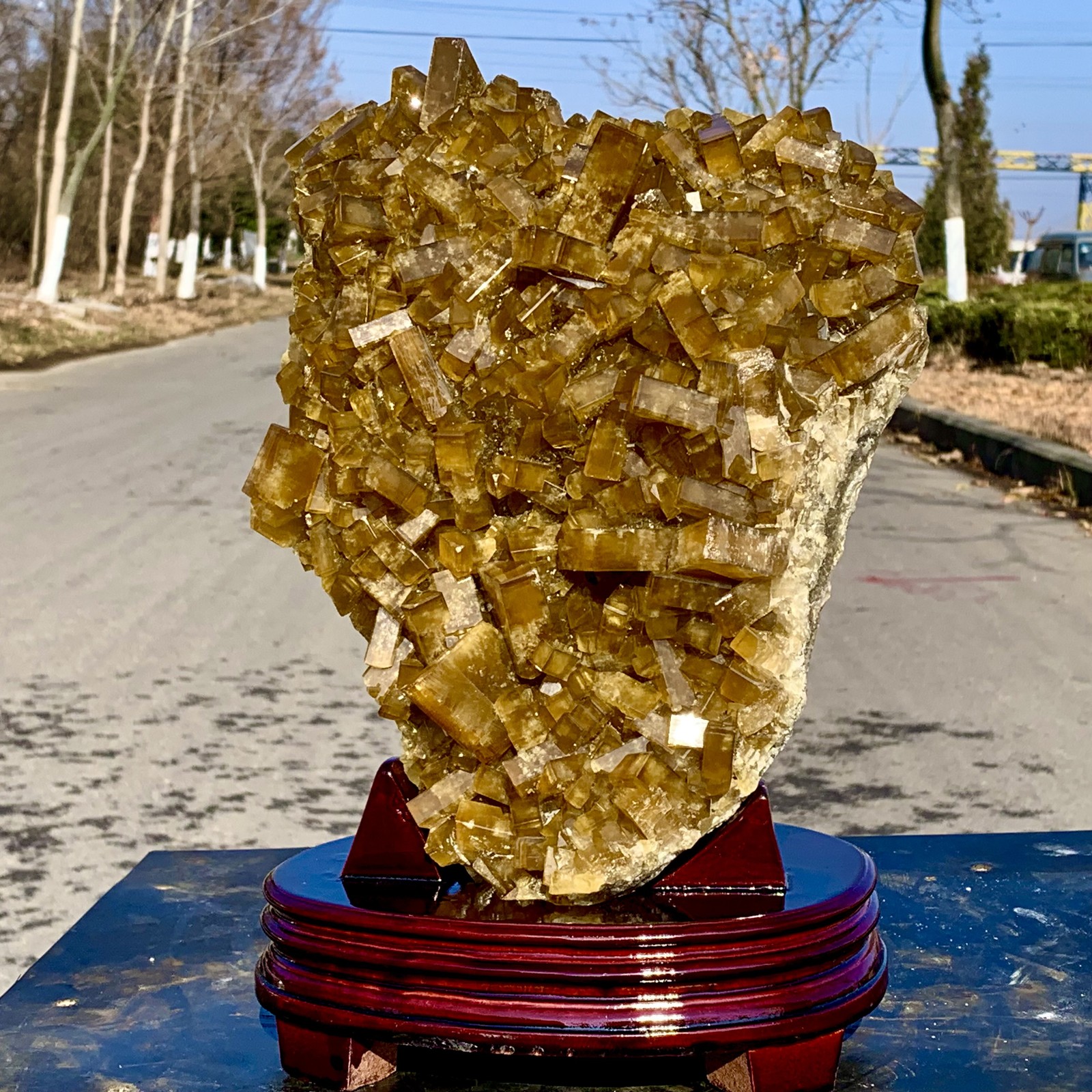 16.14LBShiny Golden Cuboid Barite Crystal Based on the Purple Spherical Fluorite