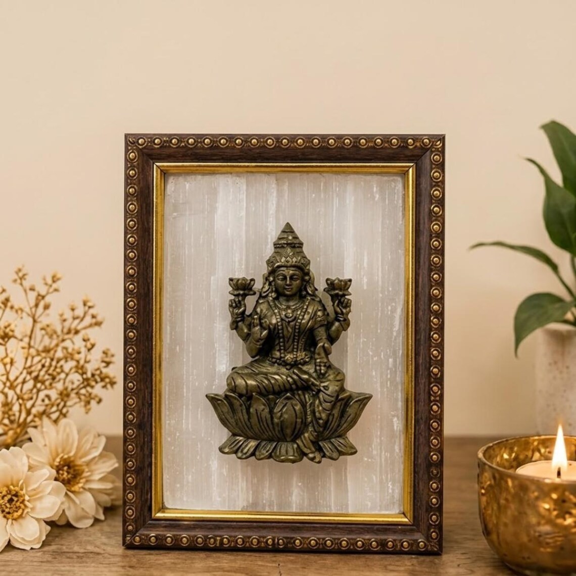 Pyrite Lakshmi Goddess Frame Selenite Crystal Wall Art Wealth Prosperity Decor