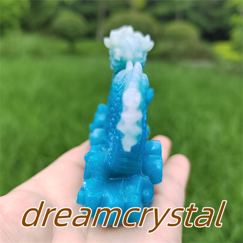 4″ Blue Luminous Stone Sculpture Chinese Dragon Resin Sculpture Skull Gift 1pc