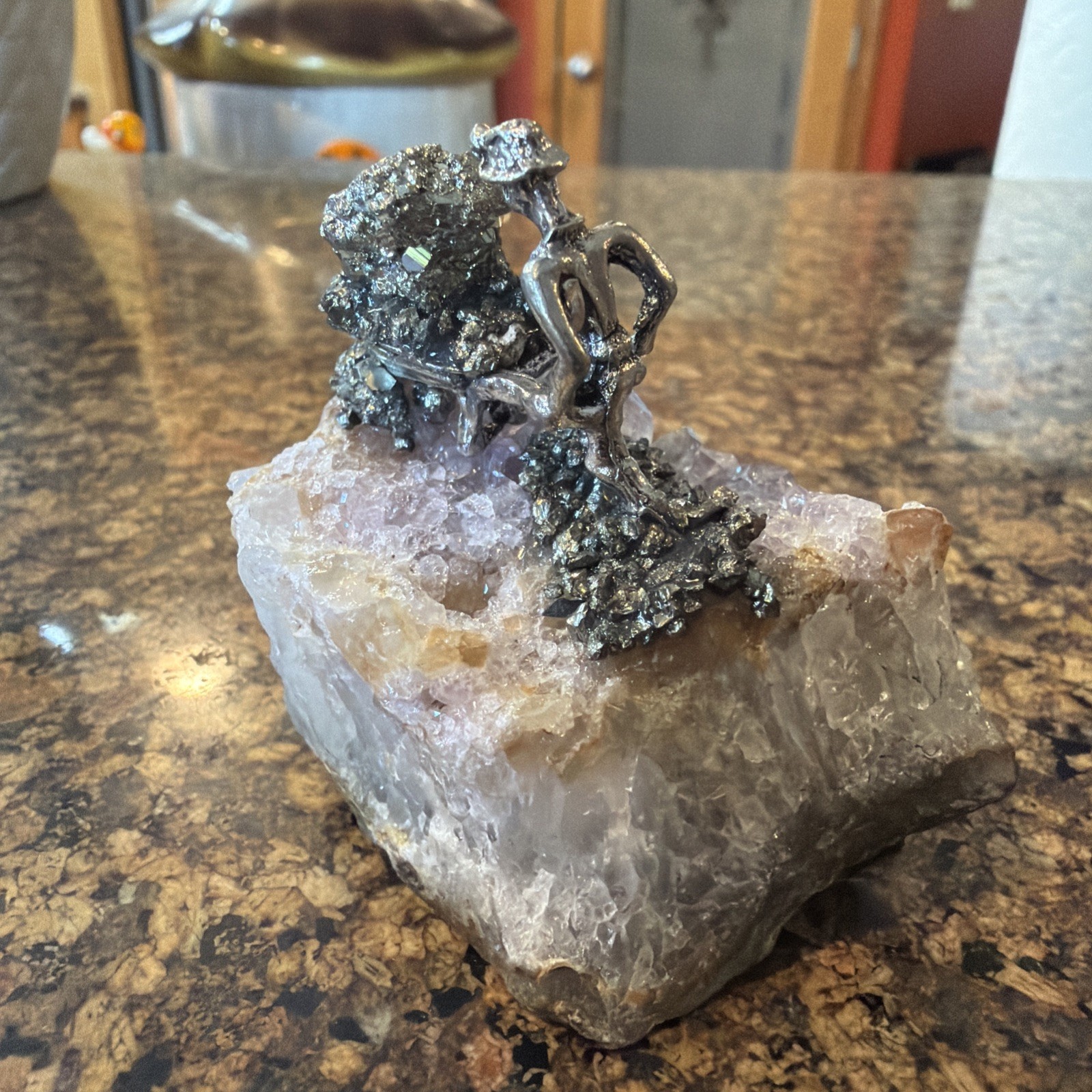 Pewter Gold Miner mining On Amethyst Cluster Prospector Pyrite 2.5”x2.5”x1.5”