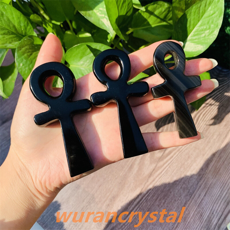 3″+ Natural Quartz Crystal Obsidian point Anka Life Key Life Symbol Cross gift