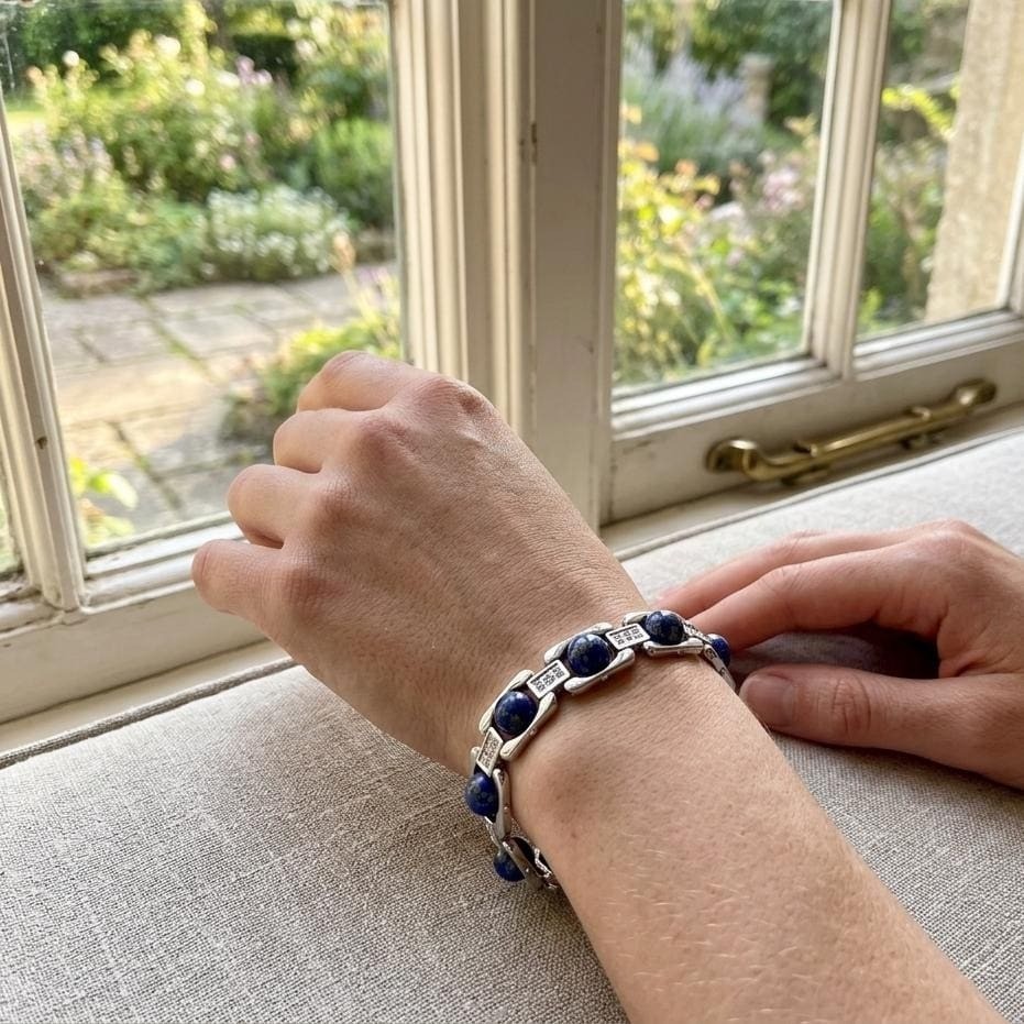Premium Lapis Lazuli Link Bracelet Silver Plated, Gift for Communication