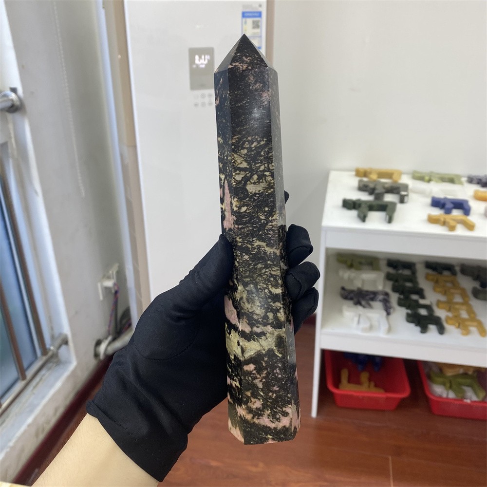 1.9LB 9″Natural Unique Pink Rhodonite Obelisk Crystal Reiki Tower Heal Decor