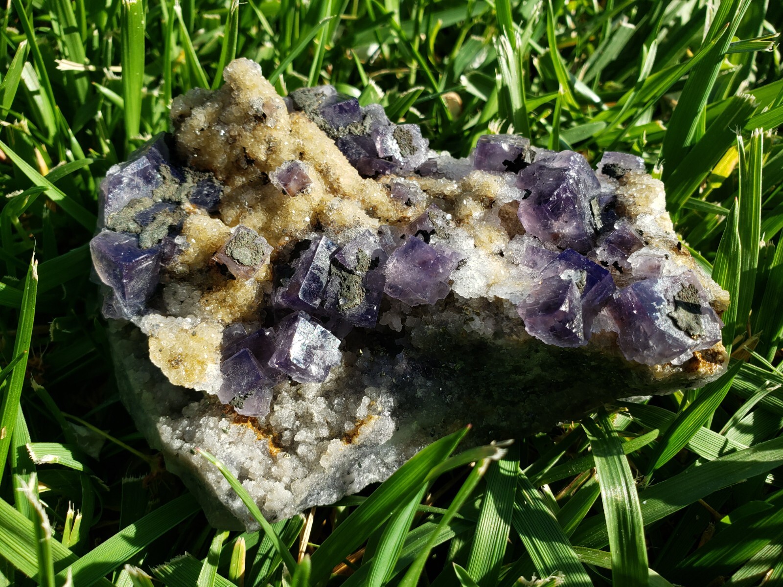 Nigerian Daylight Color-Changing Purple-Grayish Fluorite Quartz Crystal Pyrite