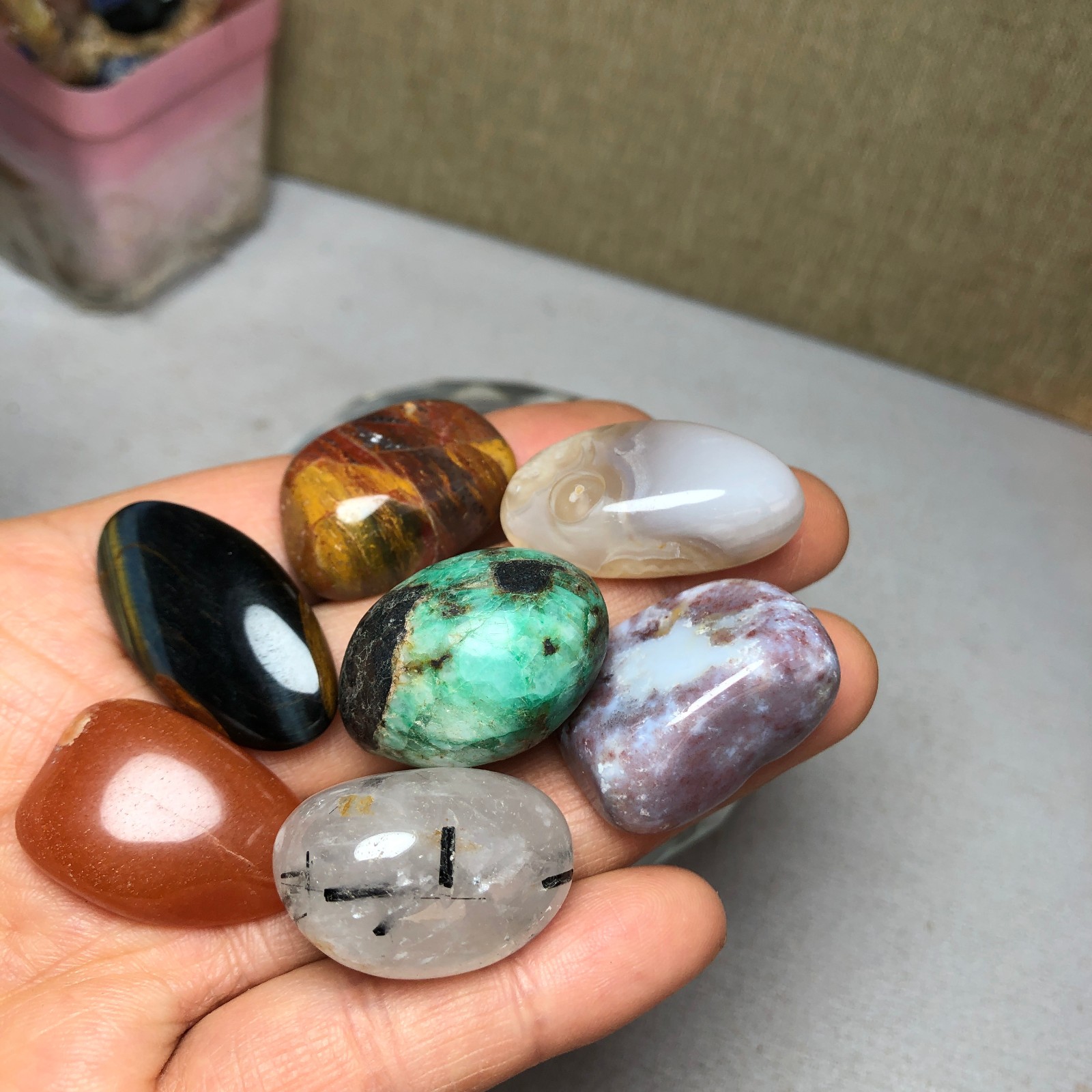 Natural various semi-precious stone Crystal Seven Star Array tumbled 302g A2816