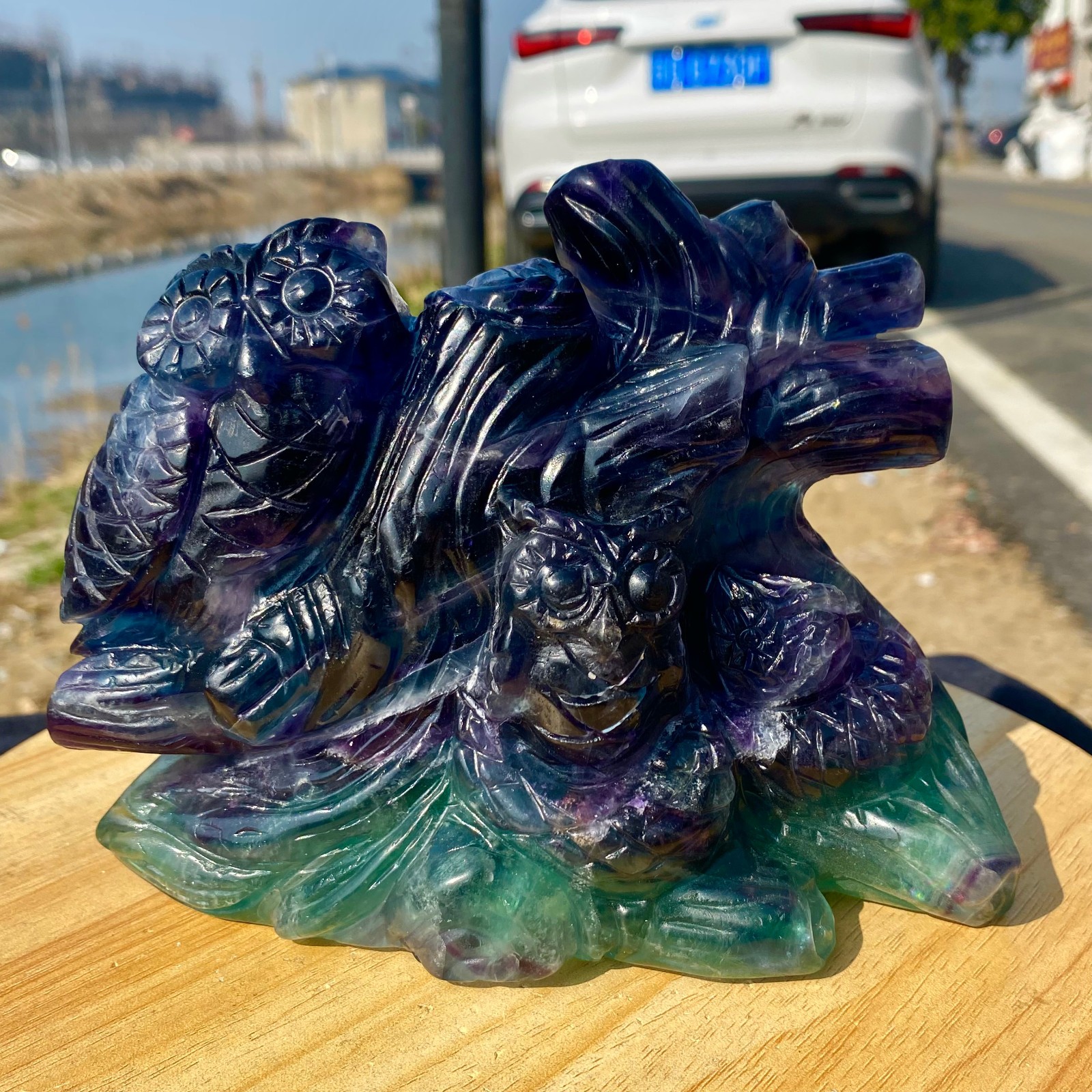 4.96LB Natural Fluorite Hand Carved Owl Statue Crystal Healing Reiki Stone