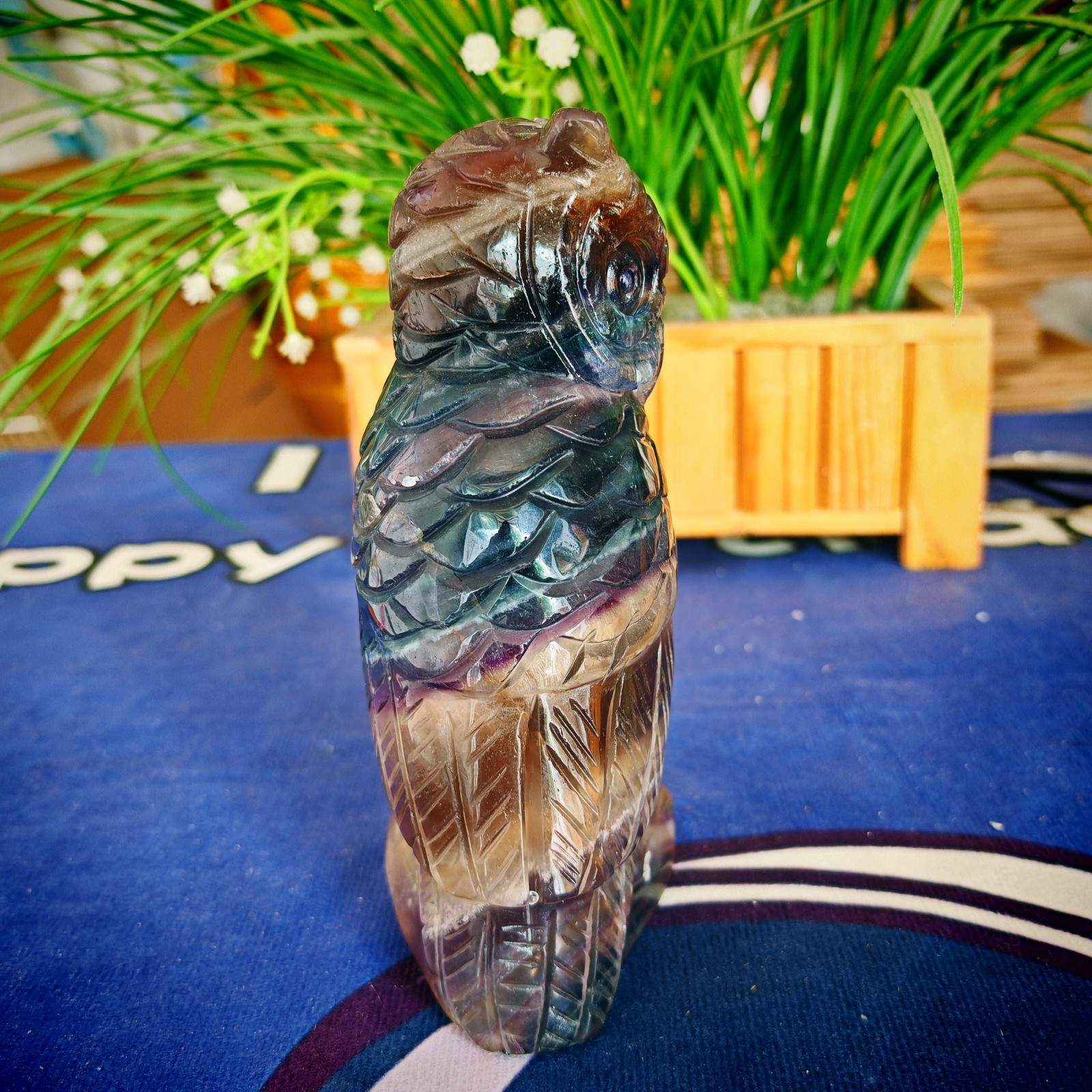 2.42LB Hand Carved Fluorite Owl Statue Unique Crystal Figurine Collect healing