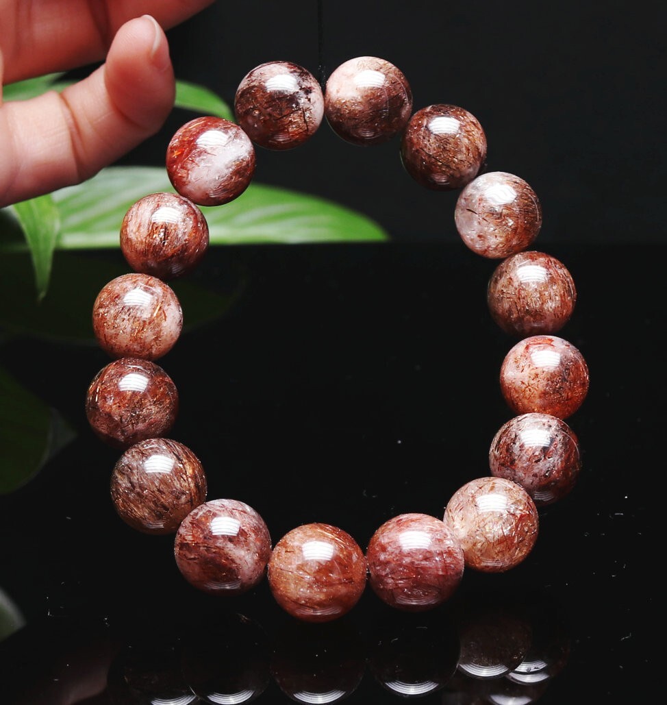 13mm Natural Red Copper Rutilated Quartz Stretch Crystal Beads Bracelet 1369